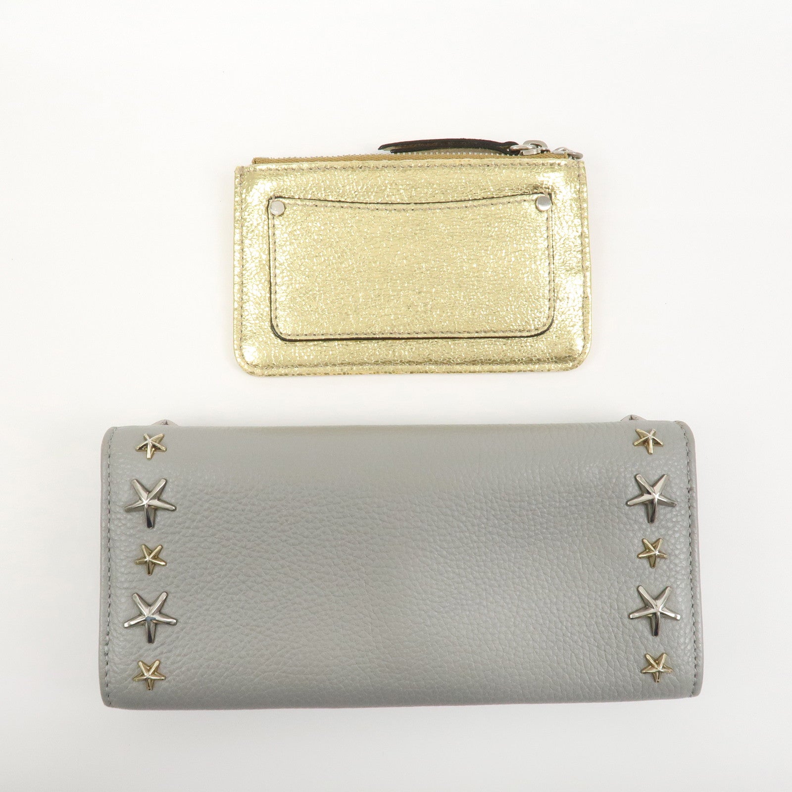 JIMMY CHOO Set of 2 Leather Long Wallet Coin Case Gray Gold