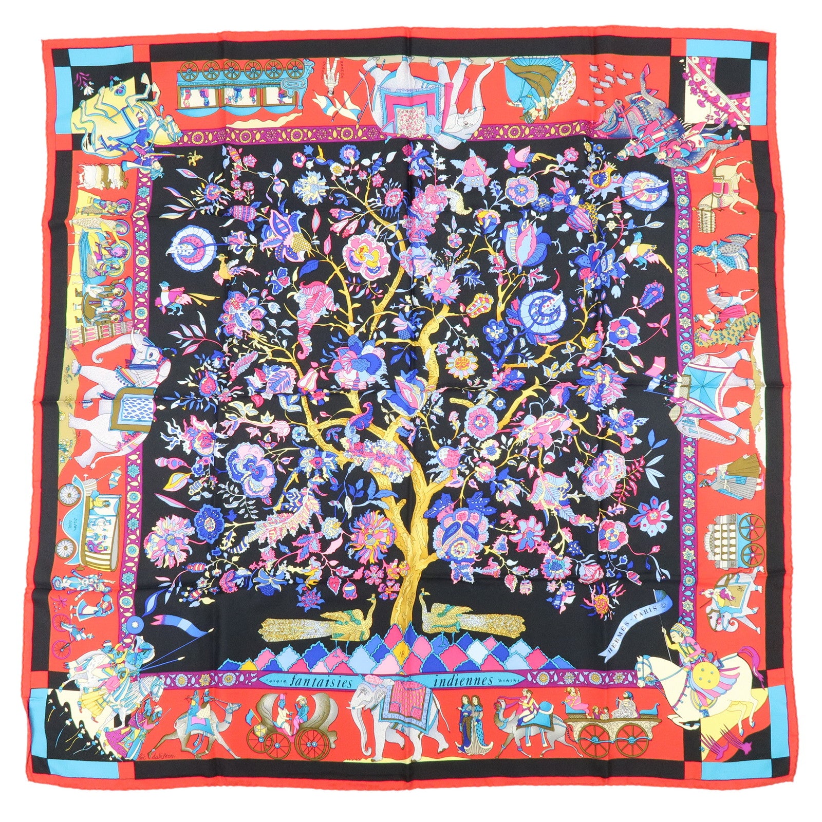 HERMES Carre 90 Silk 100% Scarf Fantaisies indiennes Black Red Blue