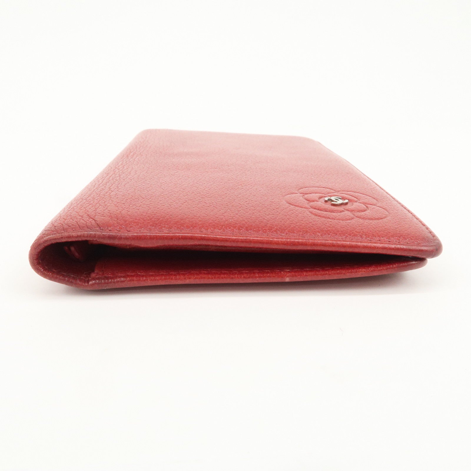 CHANEL COCO Mark Camellia Logo Leather Flap Long Wallet Red