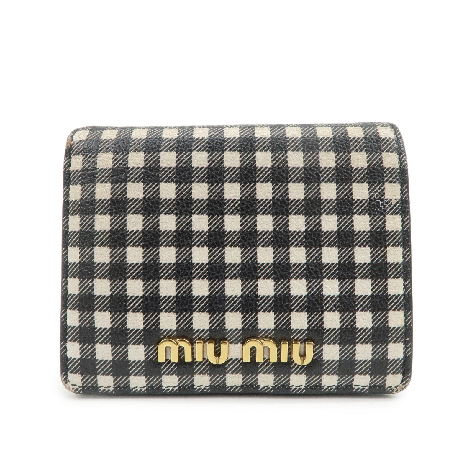 MIU MIU Plaid Leather Compact Bi-fold Wallet Black Ivory 5MV204