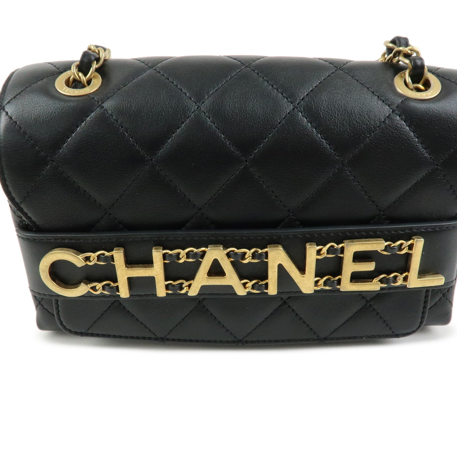CHANEL Mini Matelasse Lamb Skin Logo Flap Chain Shoulder Bag Black