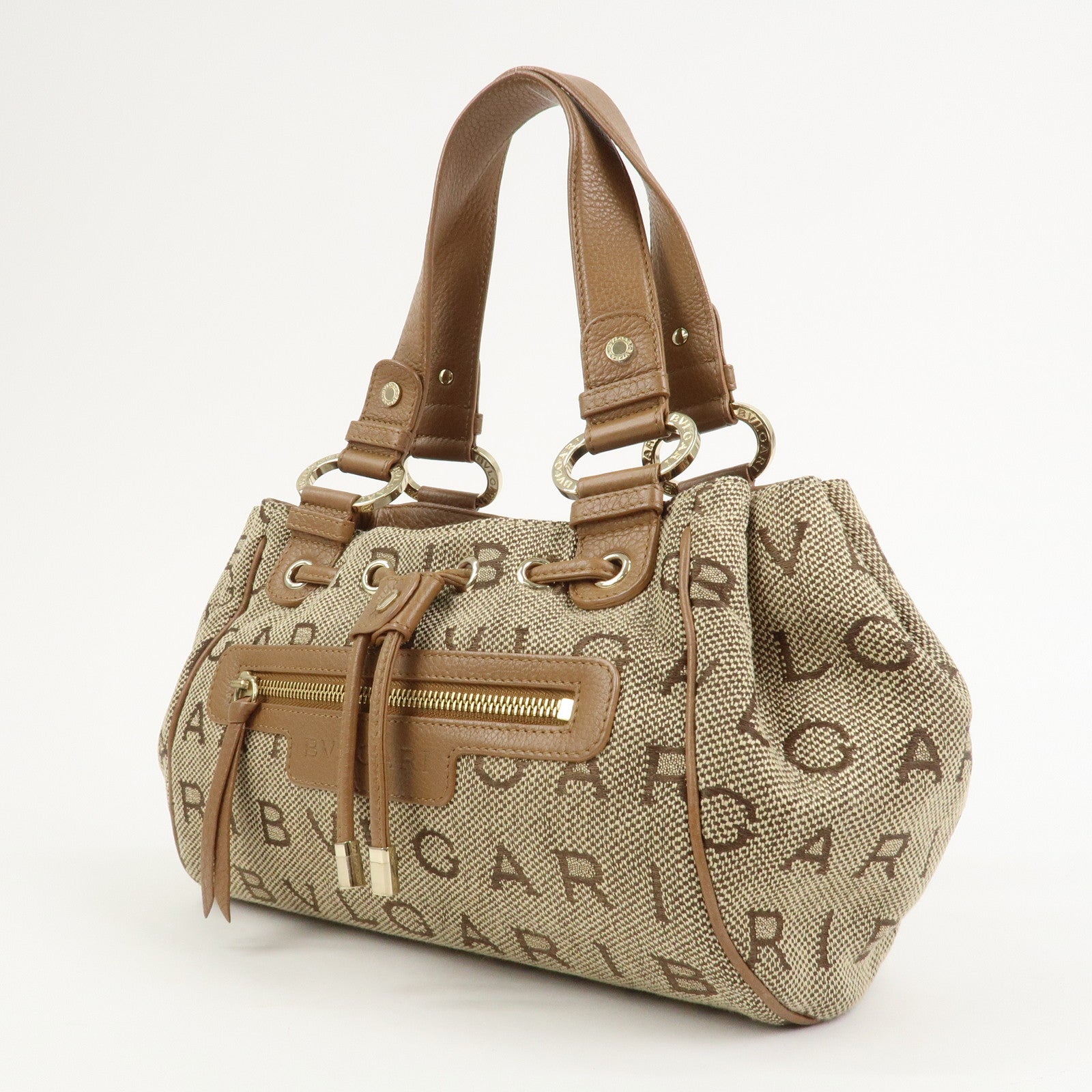 BVLGARI Logo Mania Jacquard Leather Hand Bag Tote Bag Beige