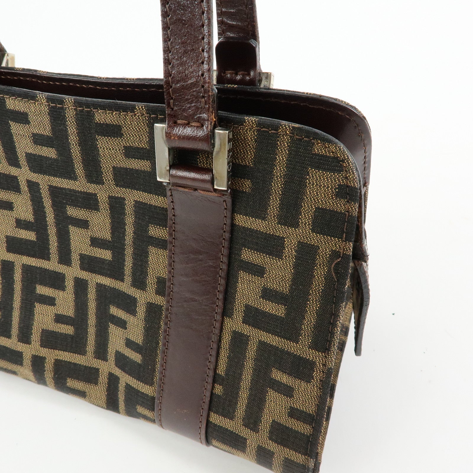 FENDI Zucca Jacquard Canvas Leather Top Handle Hand Bag Brown