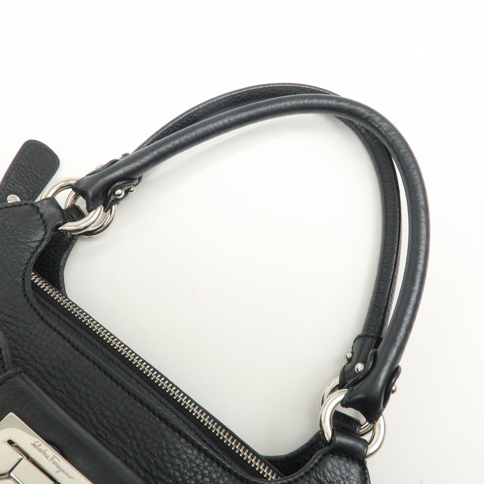 Ferragamo Gancini Leather Hand Bag Shoulder Bag Black Silver