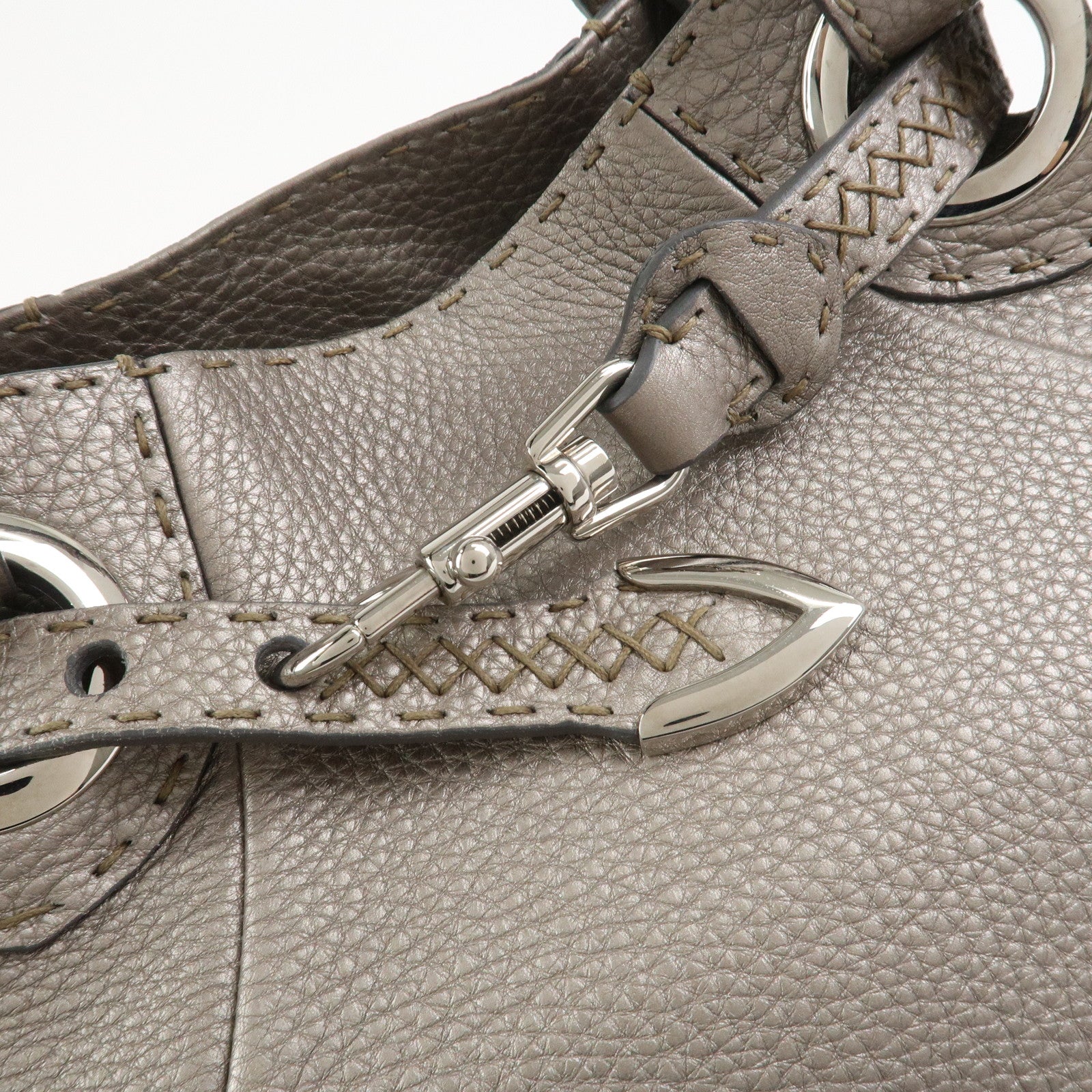 FENDI Selleria Leather Hand Bag Shoulder Bag Silver 8BR595