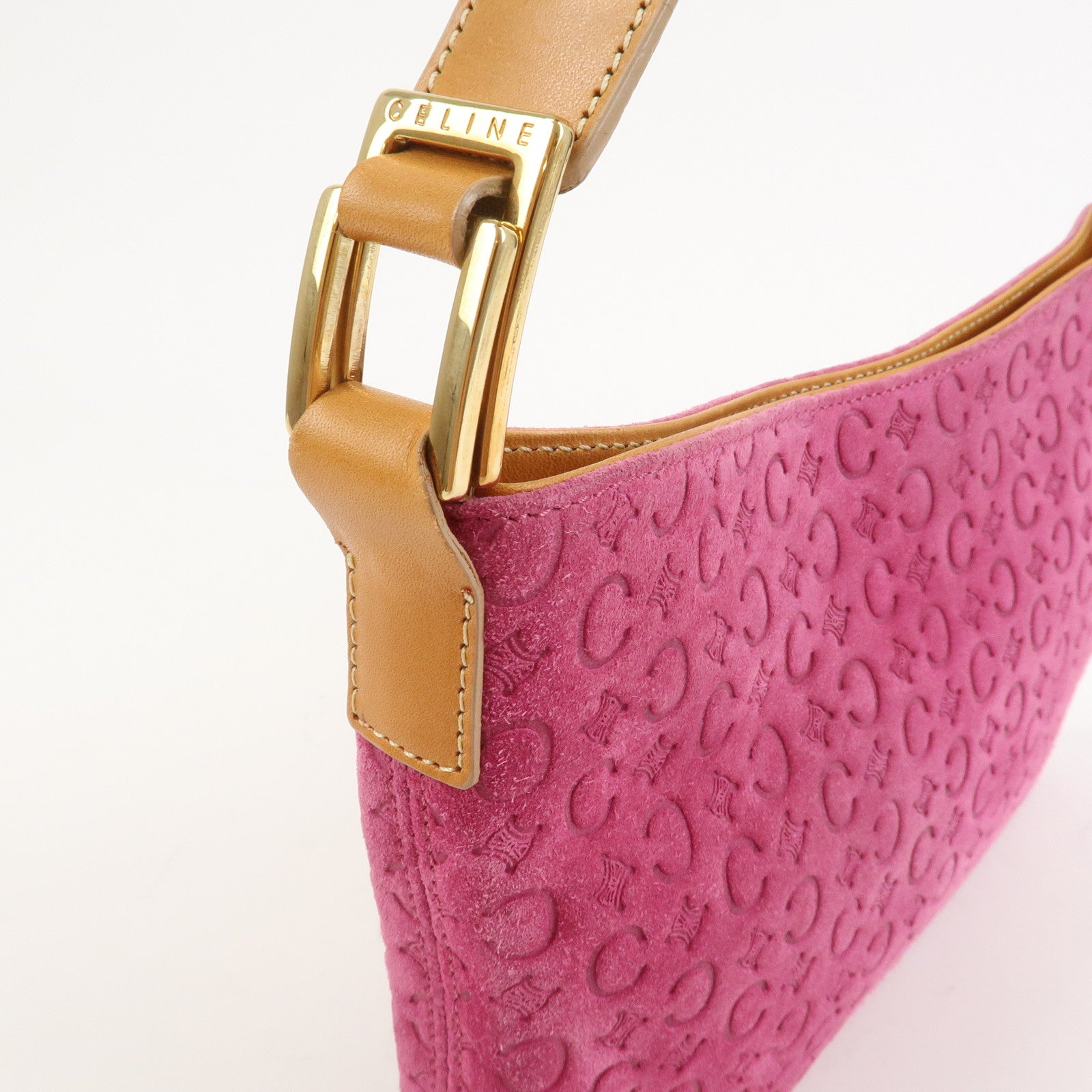 CELINE C Macadam Suede Leather Shoulder Bag Pink Light Brown