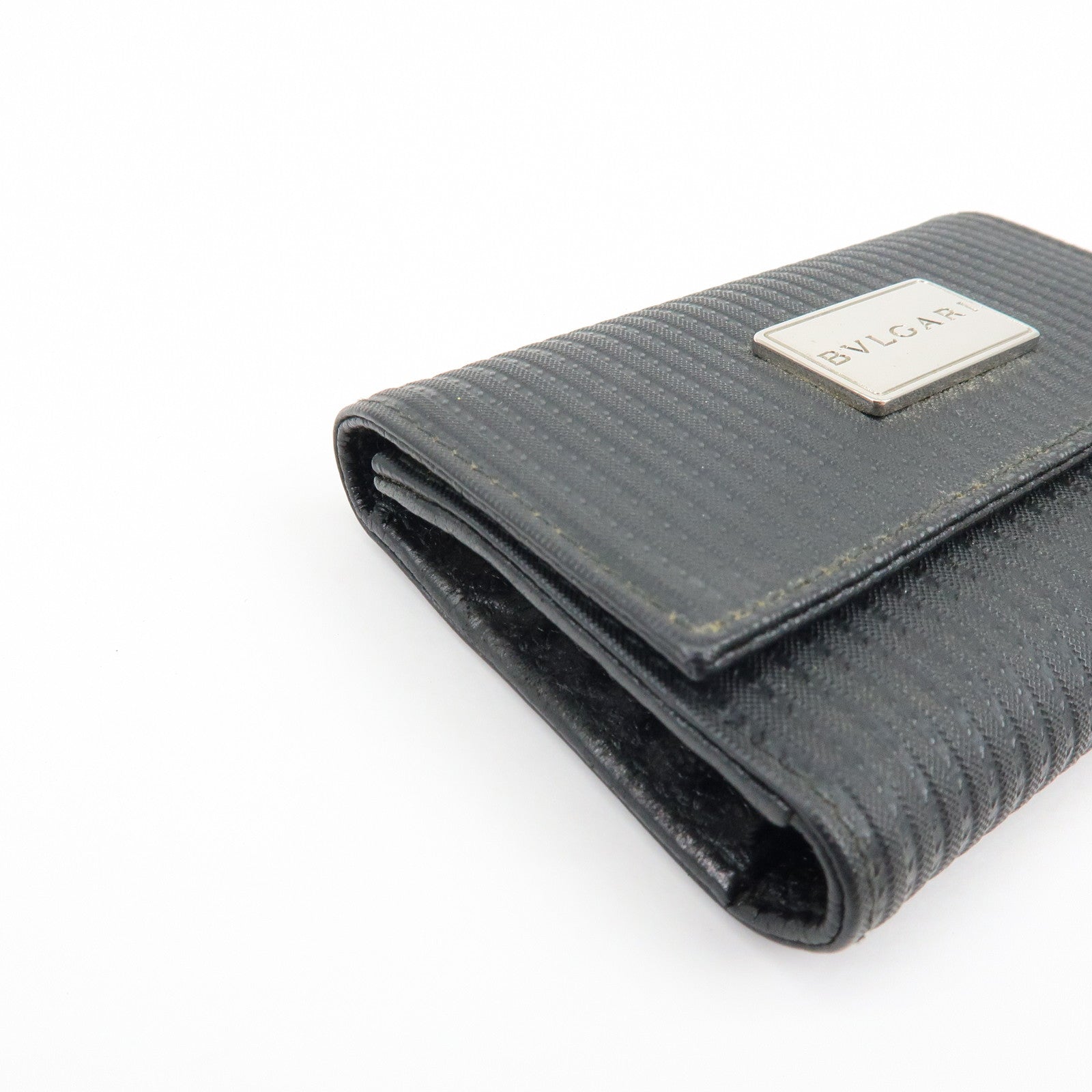 BVLGARI Millerighe Set of 2 PVC Leather Card Case Key Case Black