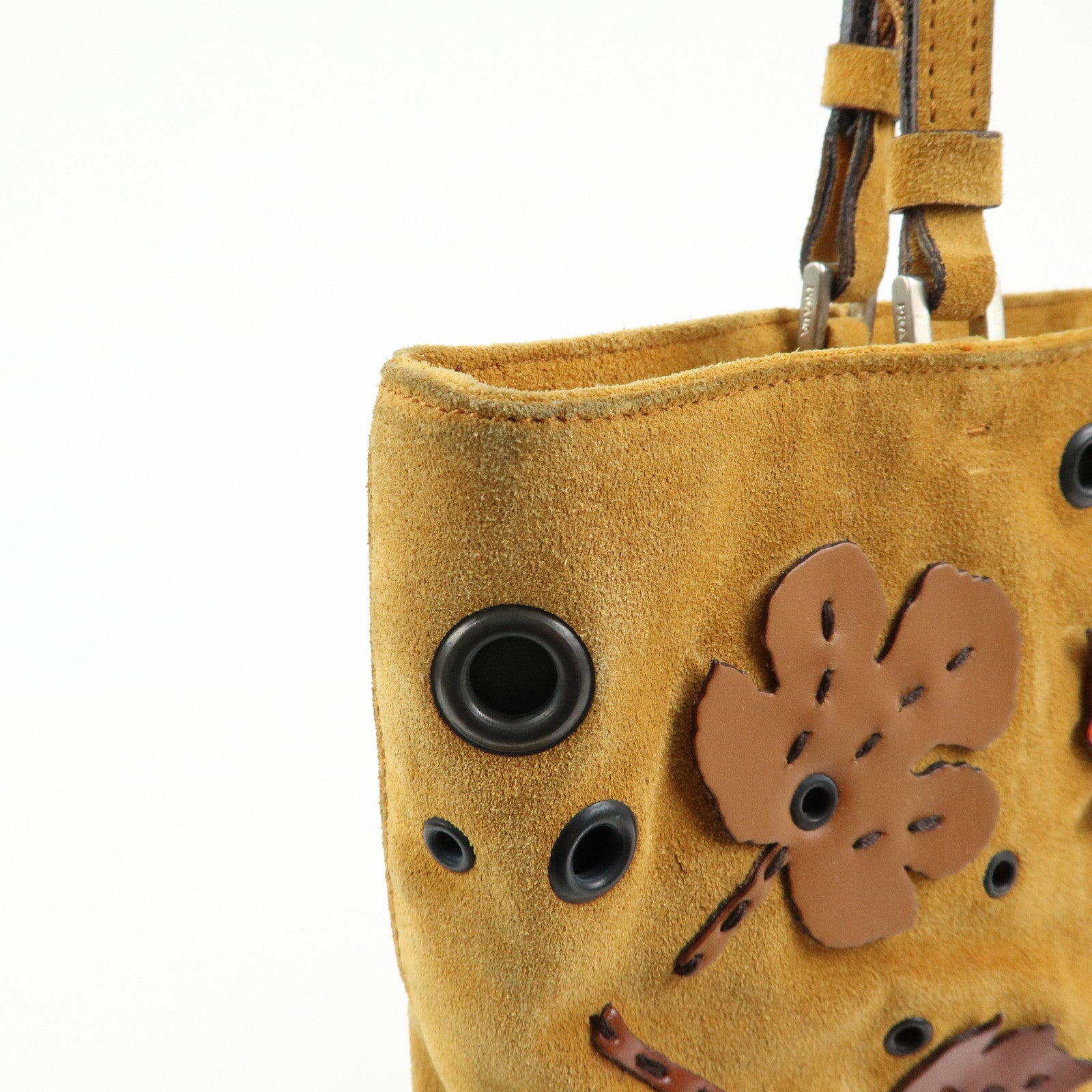 PRADA Suede Leather Hand Bag Tote Bag Maple Motif Yellow Beige