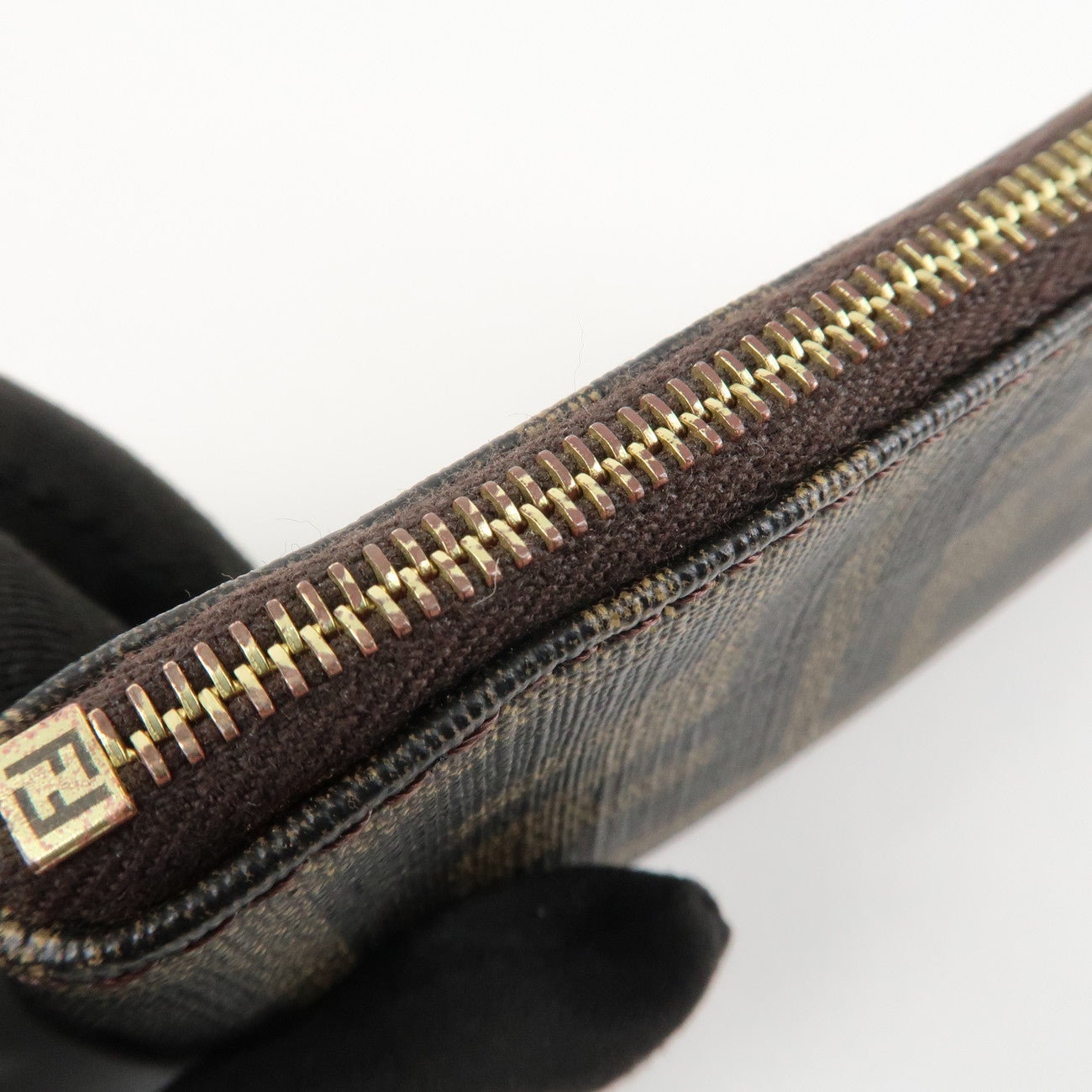 FENDI Zucca Leather PVC Coin Case Key Chain Black Brown 8AP005 Used