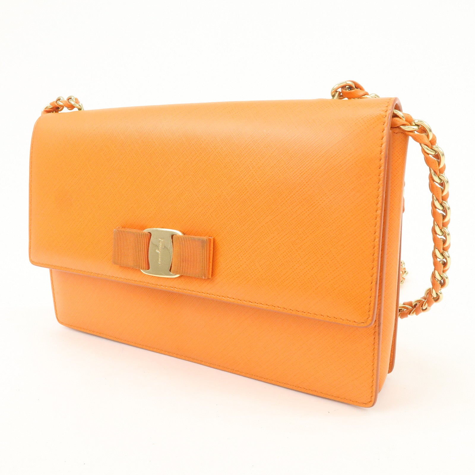 Ferragamo Vara Ribbon Leather Chain Shoulder Bag Hand Bag Orange