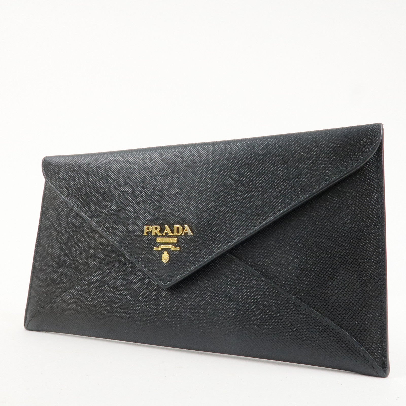 PRADA Saffiano Leather Envelope Flap Long Wallet Black 1M1175 Used