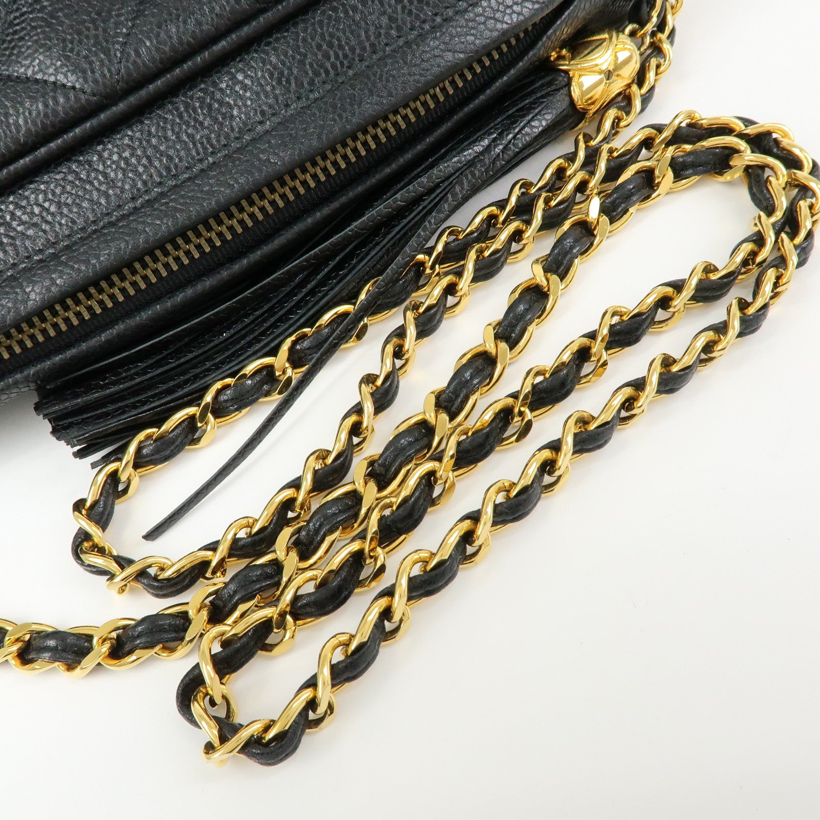 CHANEL Matelasse Cavairskin Chain Shoulder Bag Tassel Black Gold