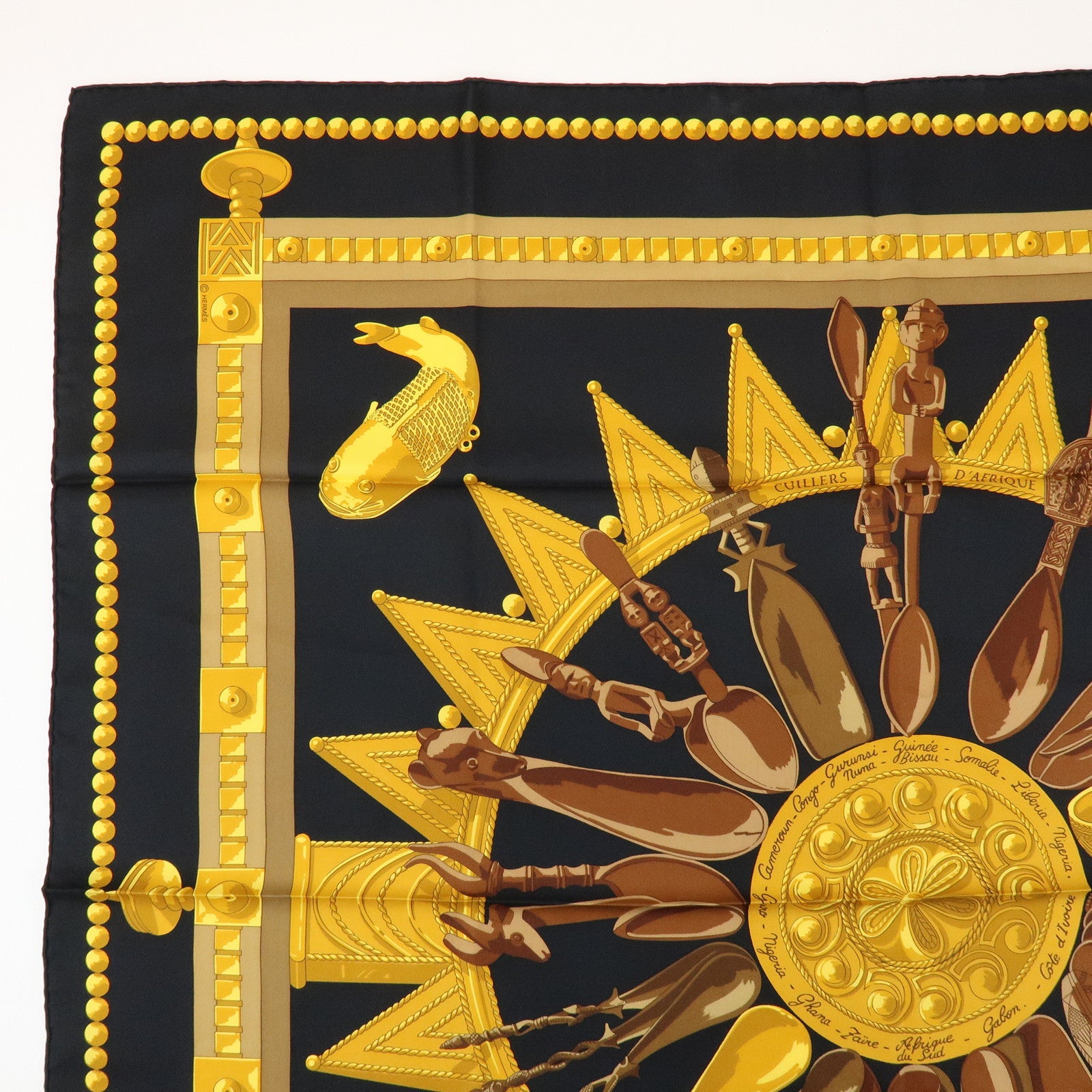 HERMES Carre 90 Silk 100% Scarf CUILLERS D'AFRIQUE Black Gold