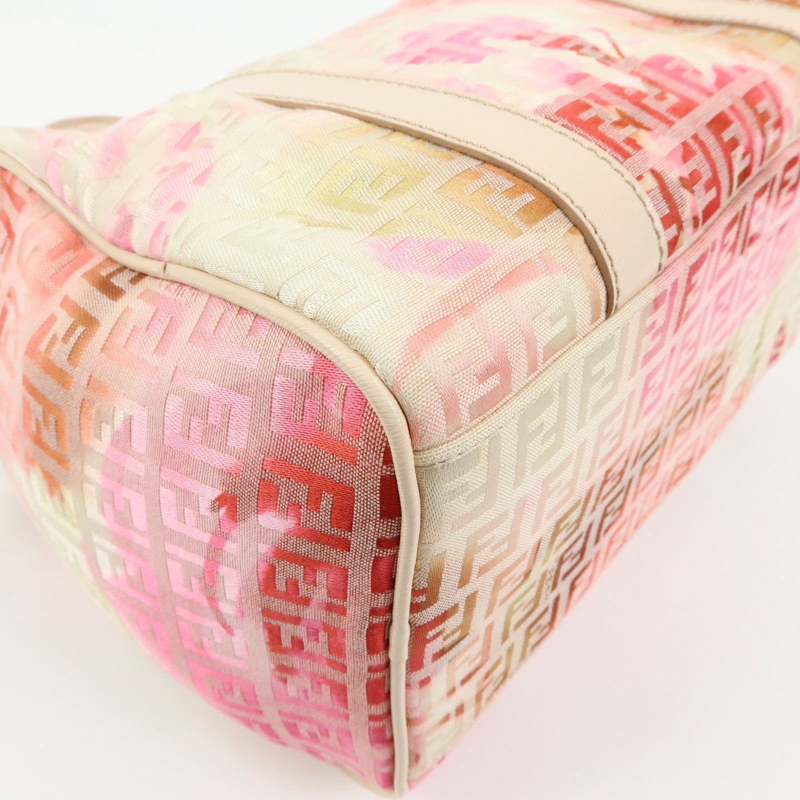 FENDI Zucchino Canvas Leather Mini Boston Bag Hand Bag Pink Ivory
