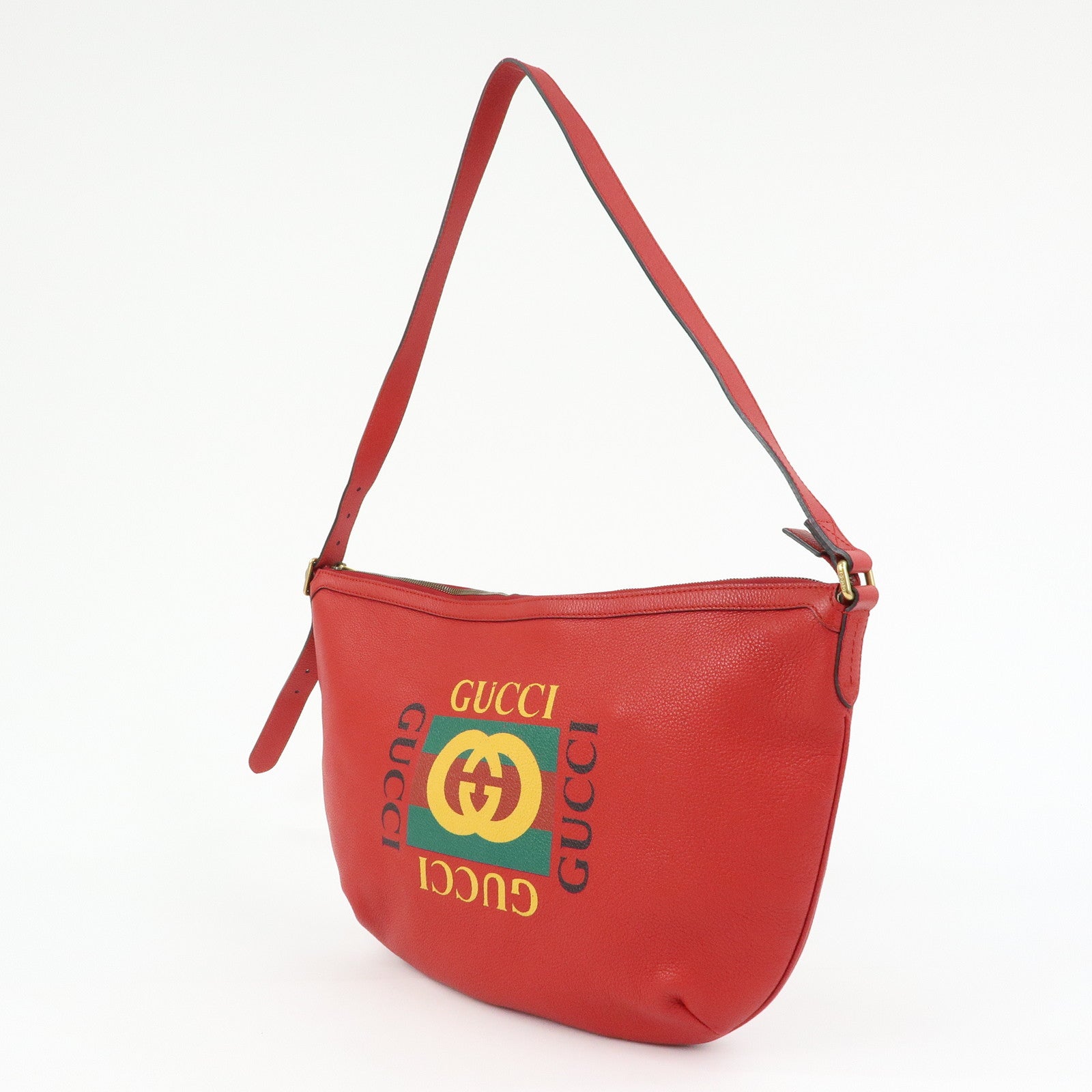 GUCCI Logo Sherry Half Moon Leather Shoulder Bag Red 523588