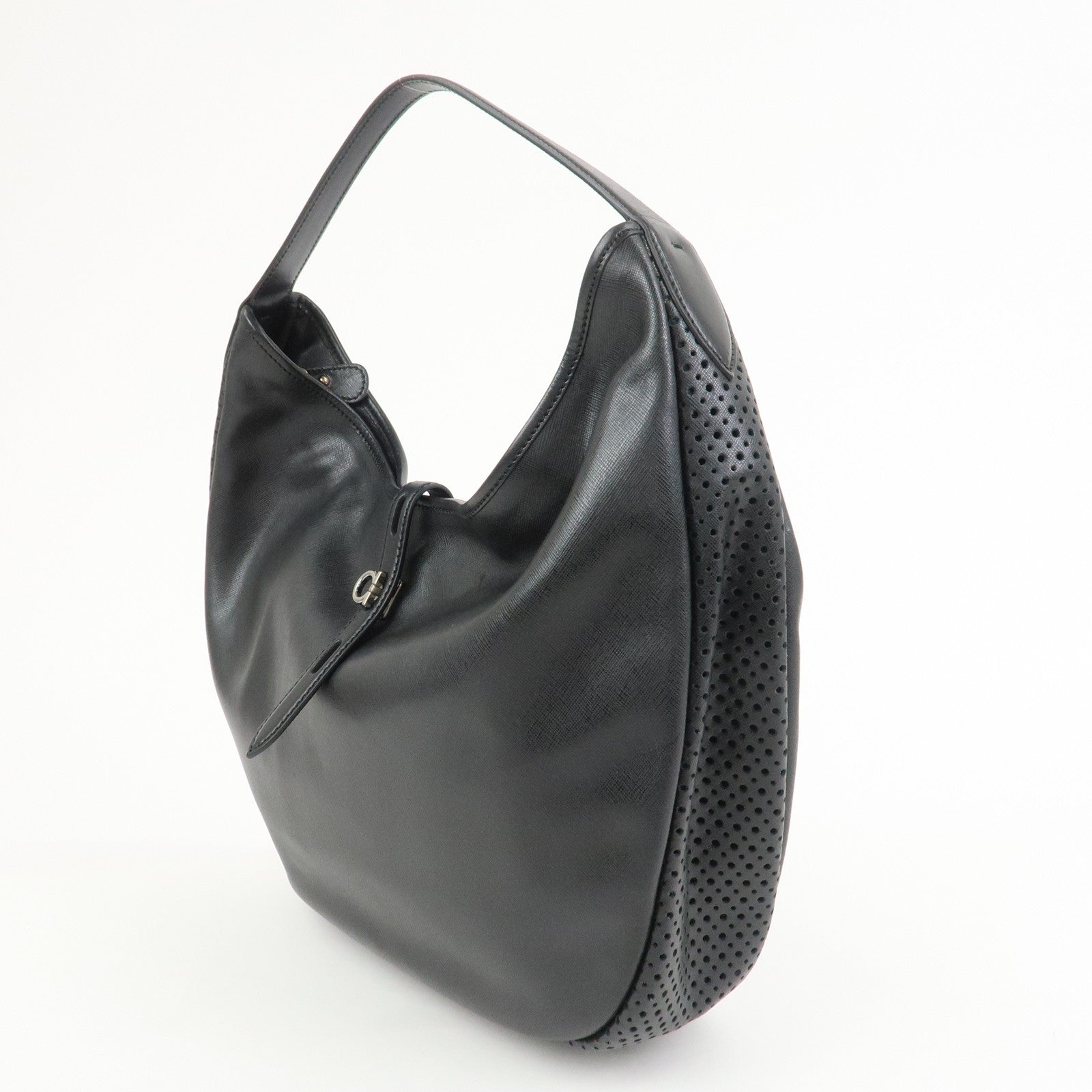 Ferragamo Gancini Leather Shoulder Bag Hand Bag Black EE-21 C660