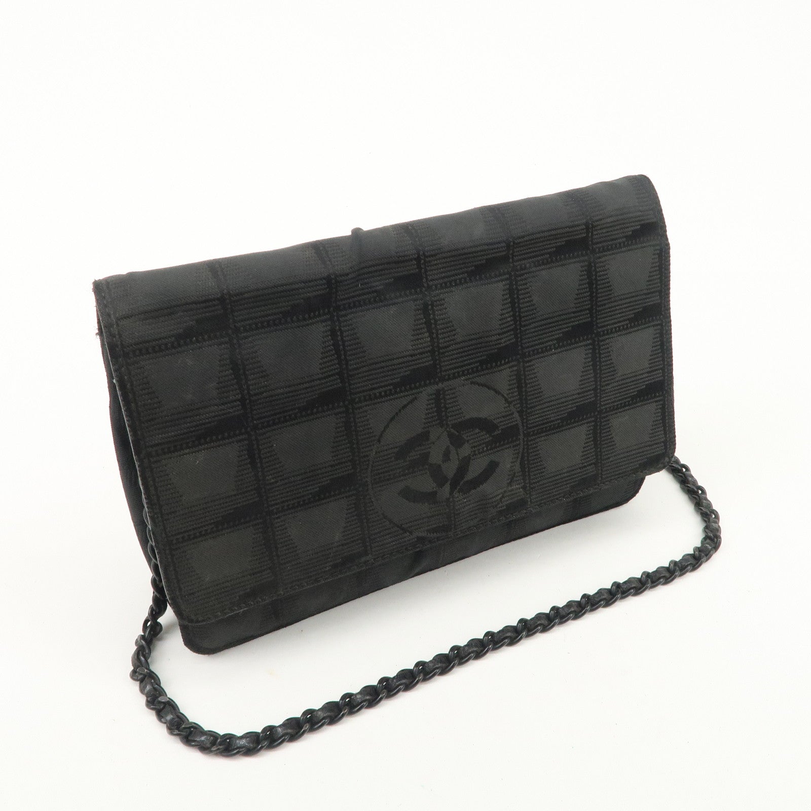 Chanel New Travel Line Nylon Jacquard Leather Chain Wallet Black A15772 Used