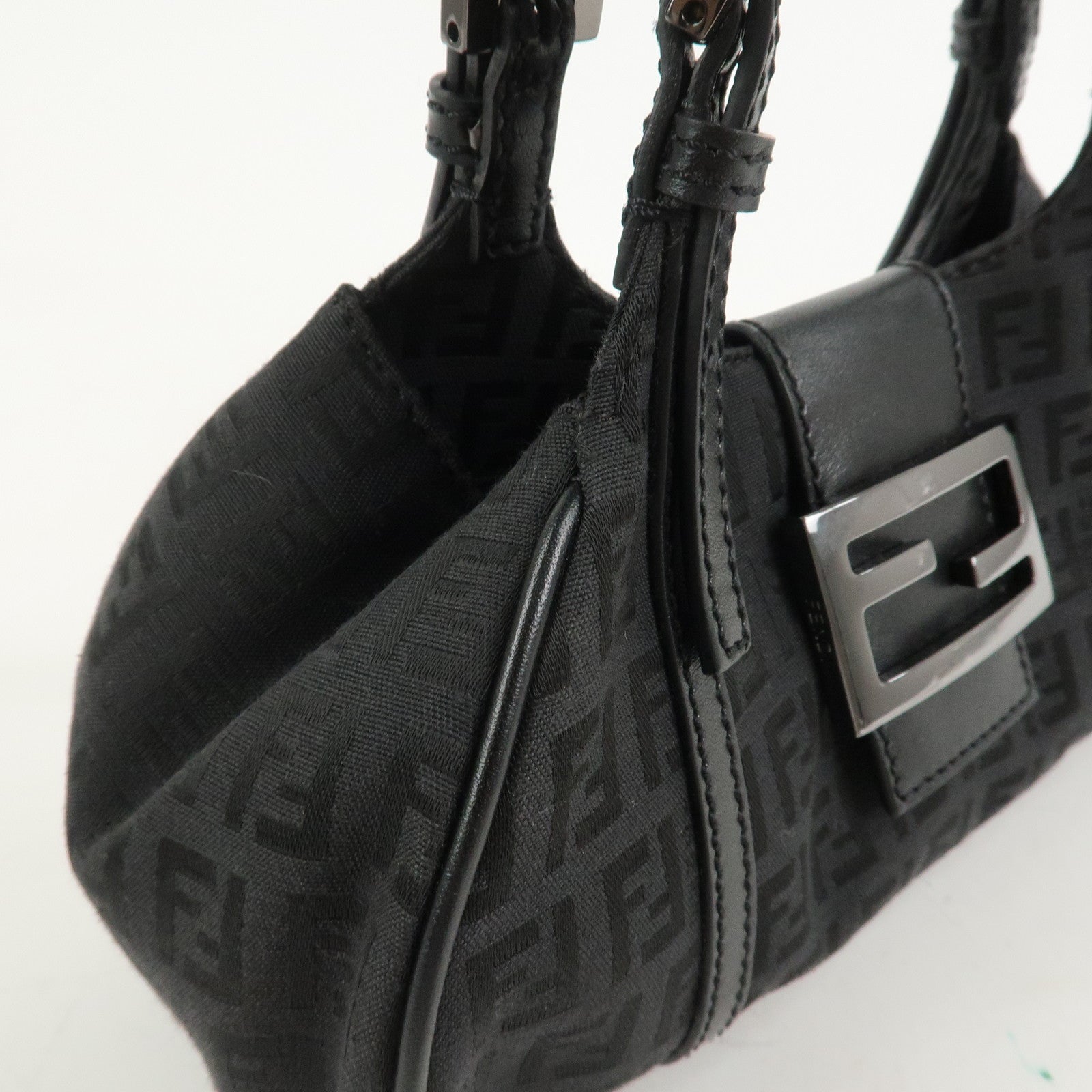 FENDI Zucchino Canvas Leather Hand Bag Shoulder Bag Black 8BR437