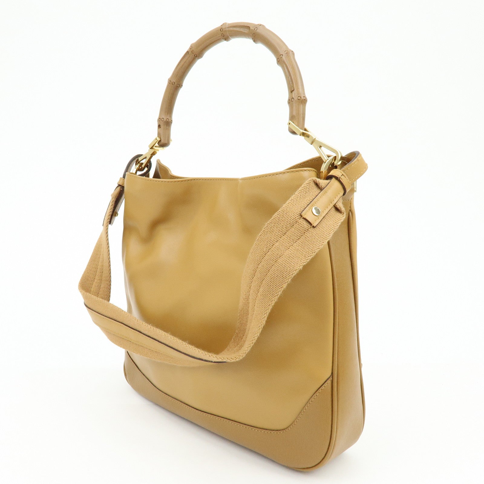 GUCCI Bamboo Leather 2Way Bag Hand Bag Shoulder Bag Brown 001・4095