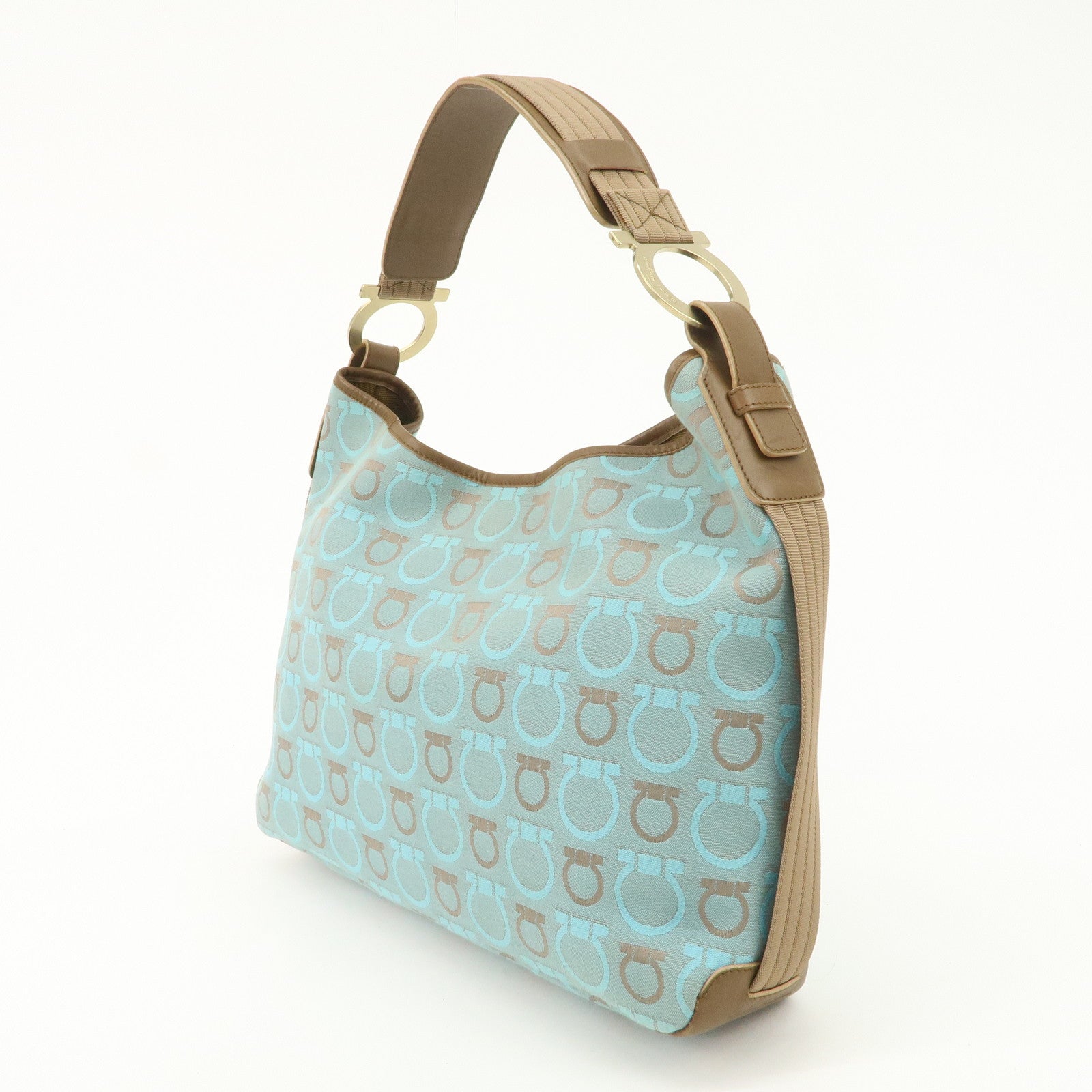 Ferragamo Gancini Canvas Leather Shoulder Bag Light Blue Brown