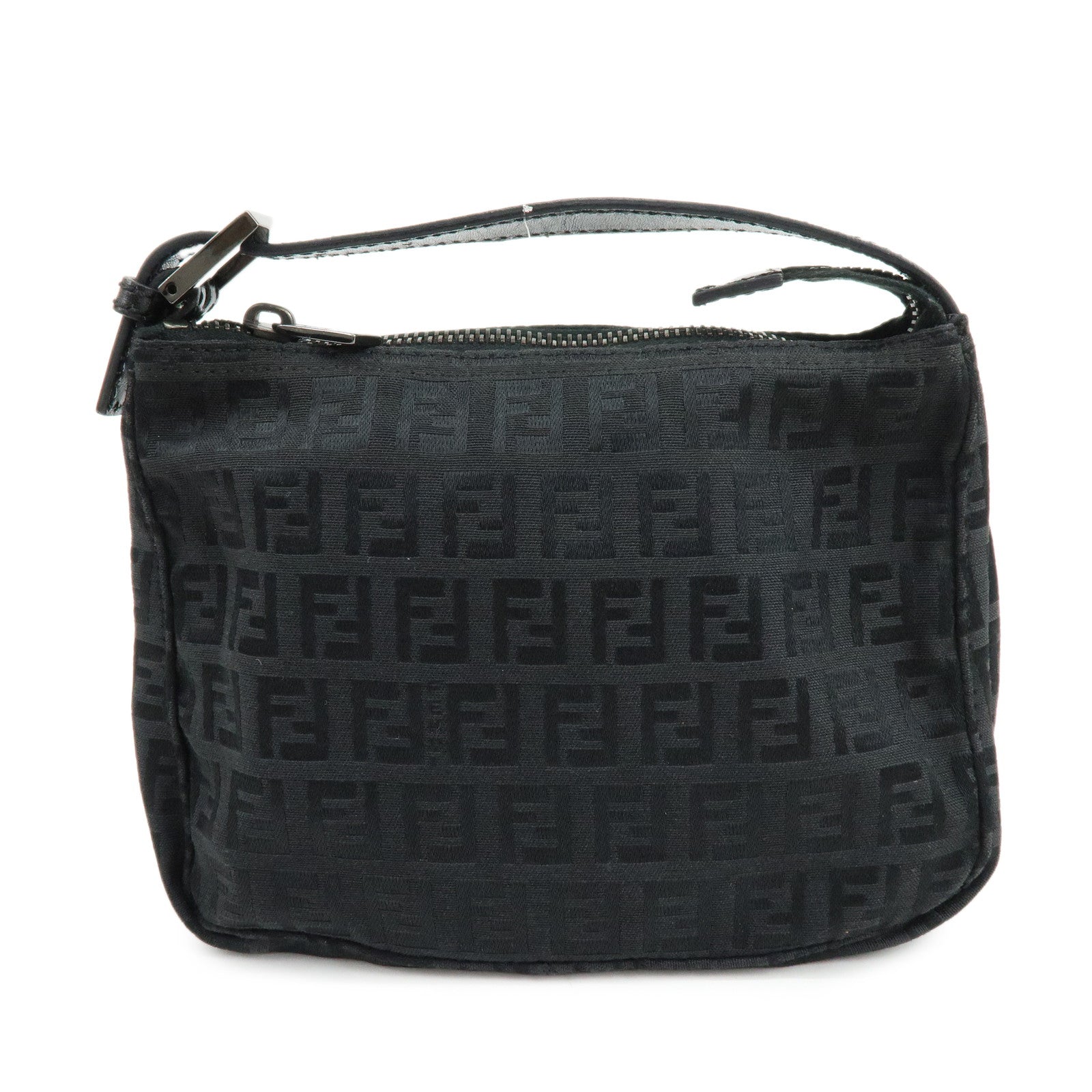 FENDI Zucchino Canvas Leather Hand Bag Pouch Black 8N0001