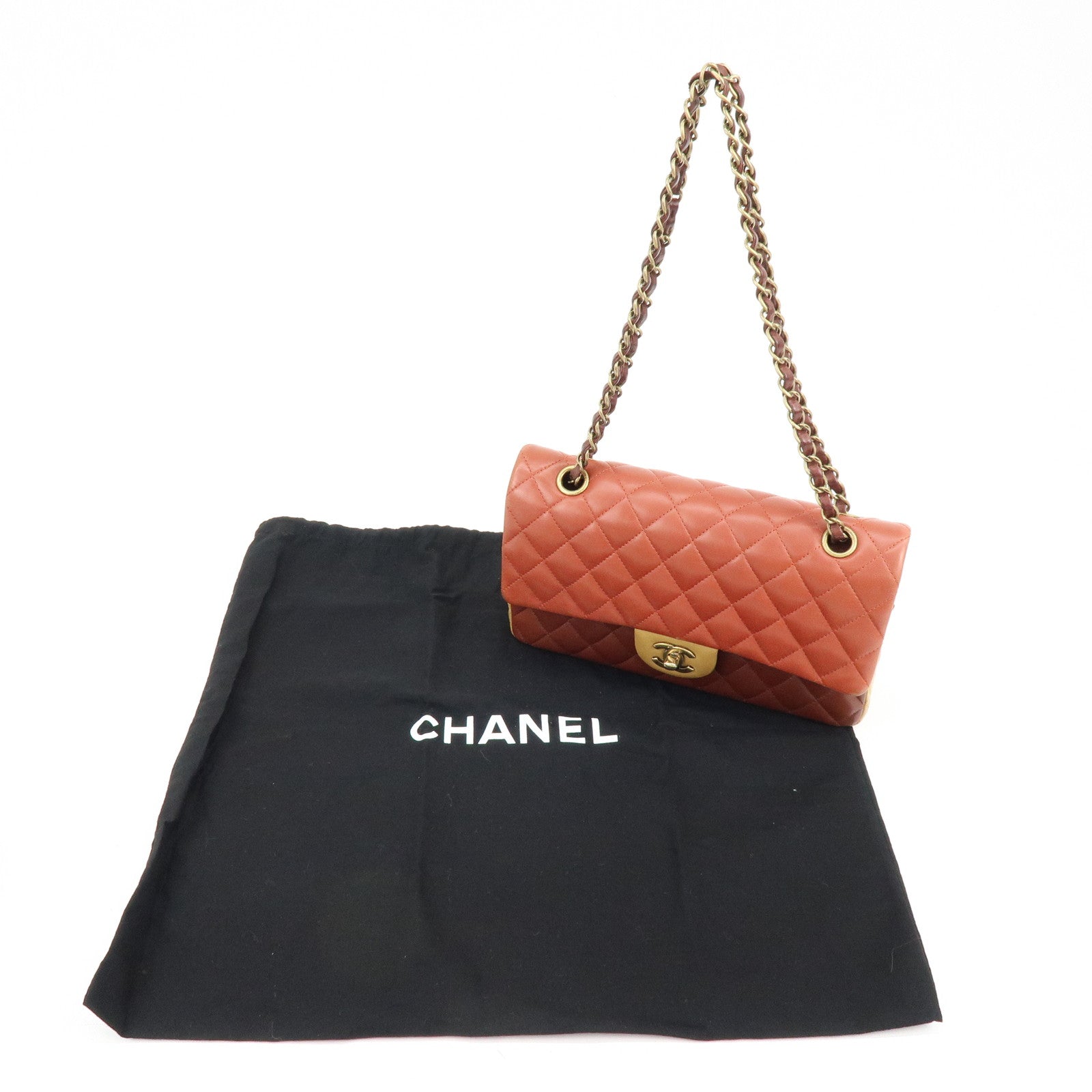 CHANEL Matelasse 25 Double Flap Chain Shoulder Bag Red Brown A01112