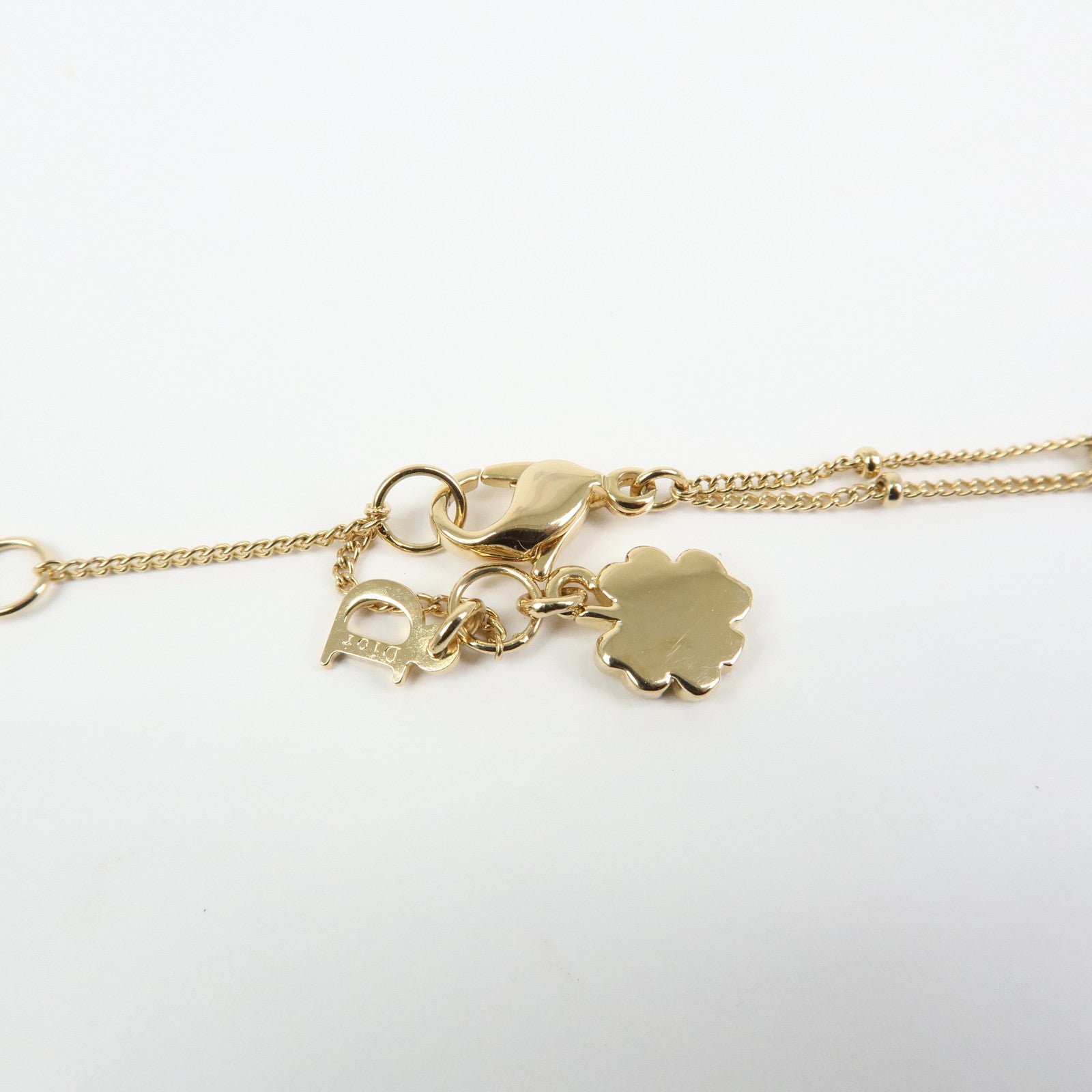 Christian Dior Logo Metal Double Chain Necklace Heart Charm Gold