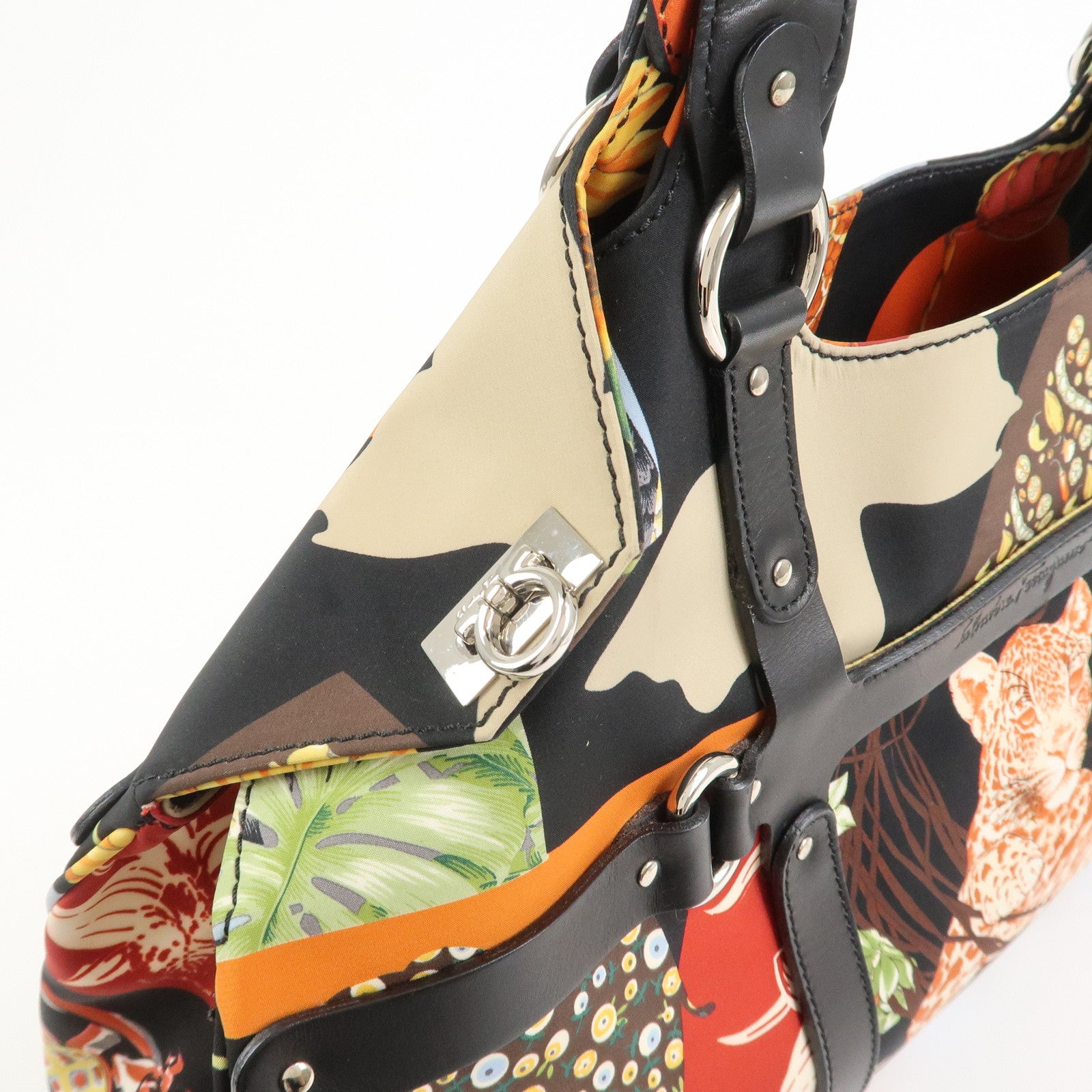 Ferragamo Nylon Leather Hand Bag Shoulder Bag Black Multicolor