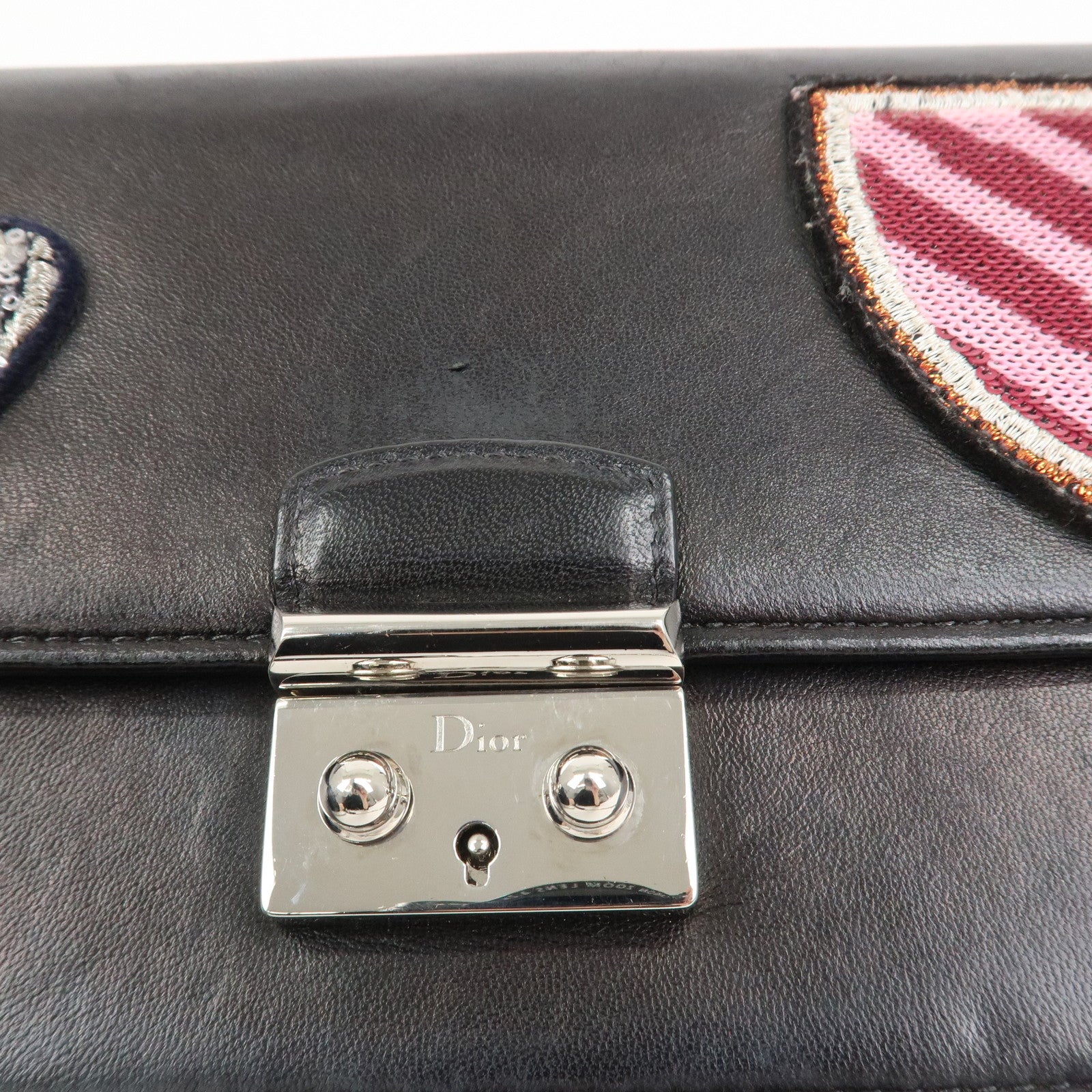 Christian Dior Leather Chain Shoulder Bag Heart Embroidery Black