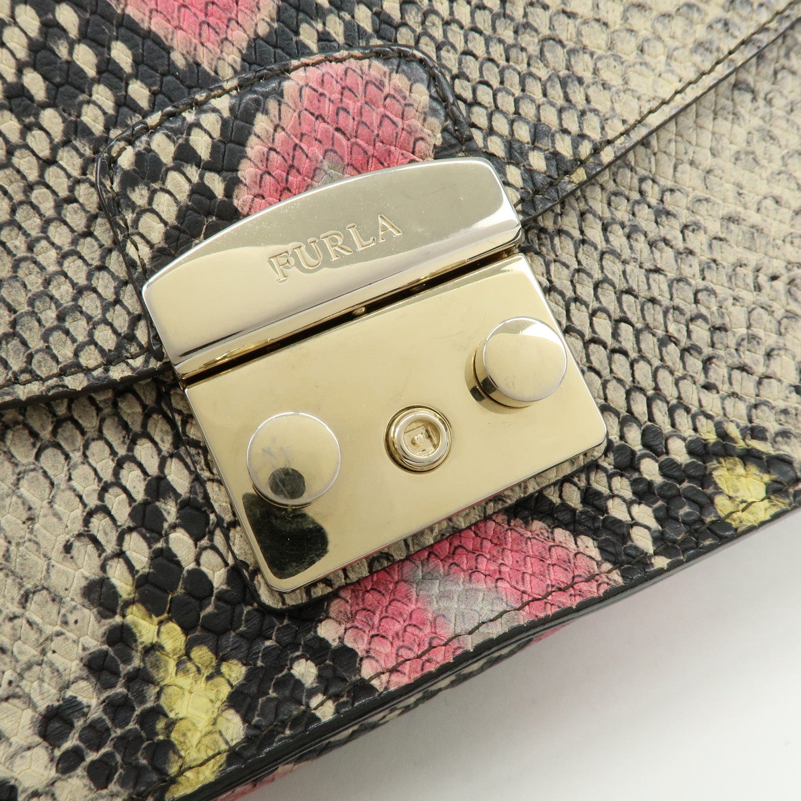 FURLA Metropolis Embossed Leather Chain Shoulder Bag Beige Pink