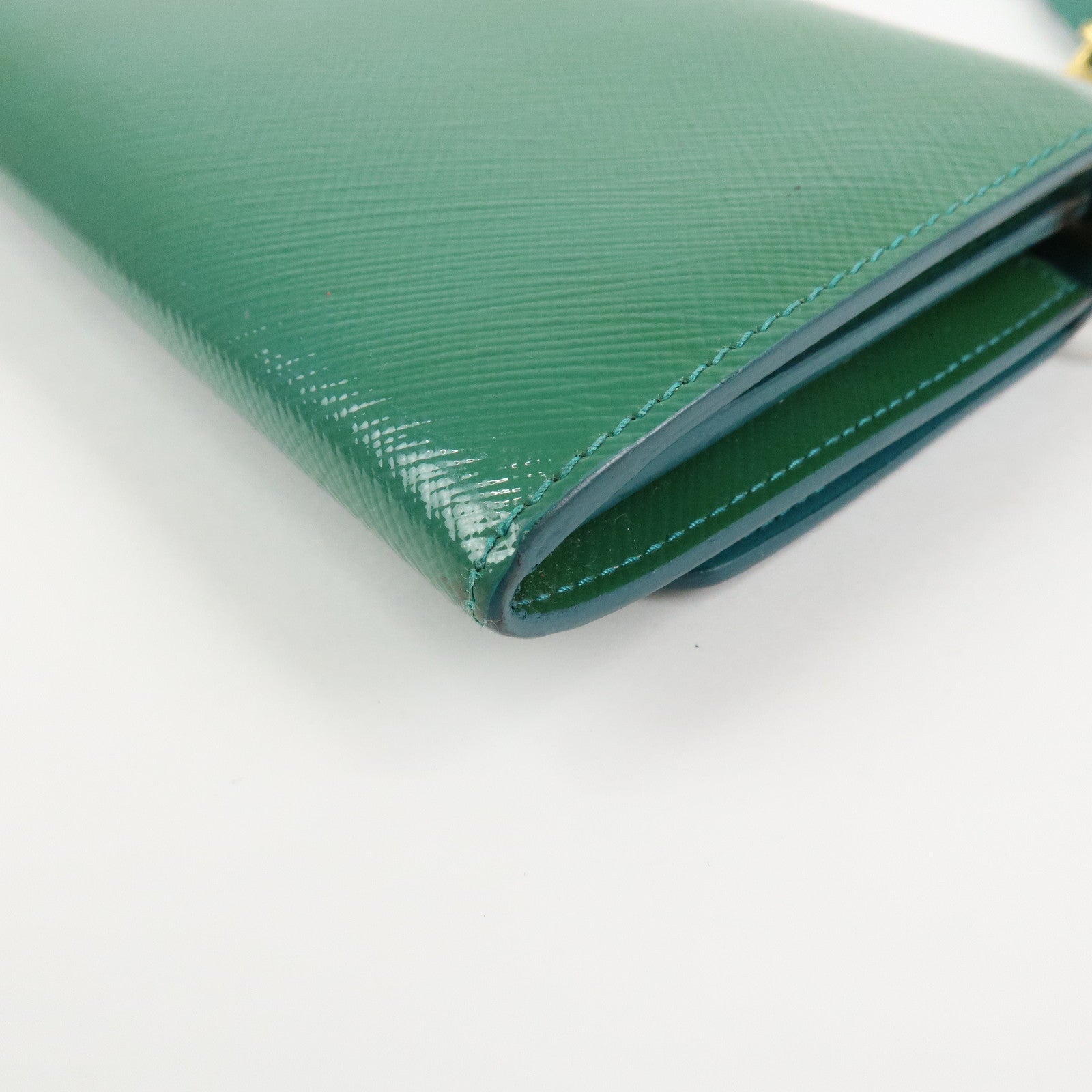 PRADA Triangle Logo Patent Leather Bi-Fold Long Wallet Green