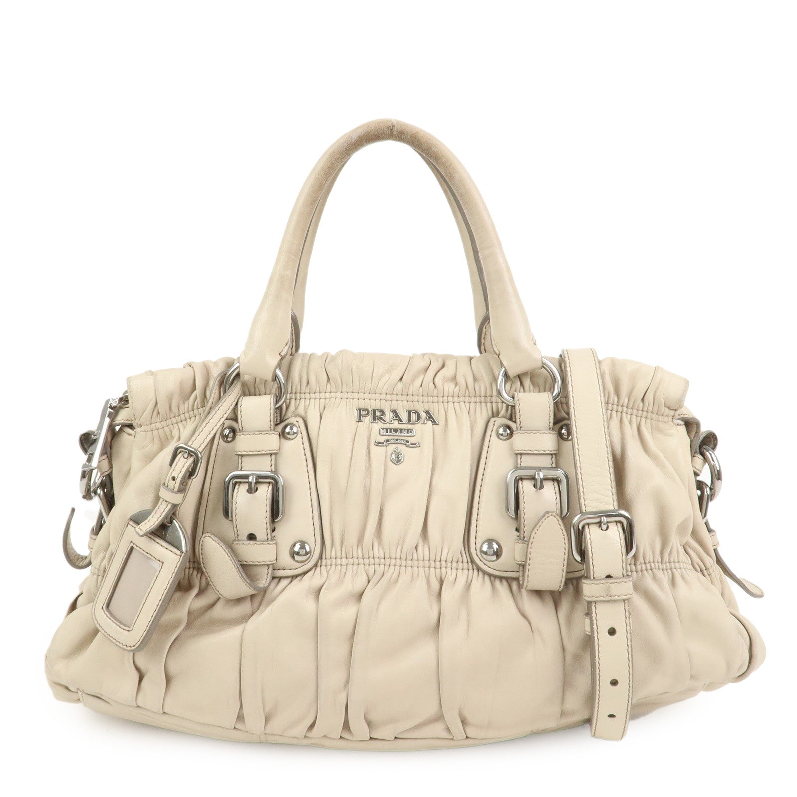 PRADA Nappa Leather Gathered 2Way Tote Shoulder Bag Beige BN1407
