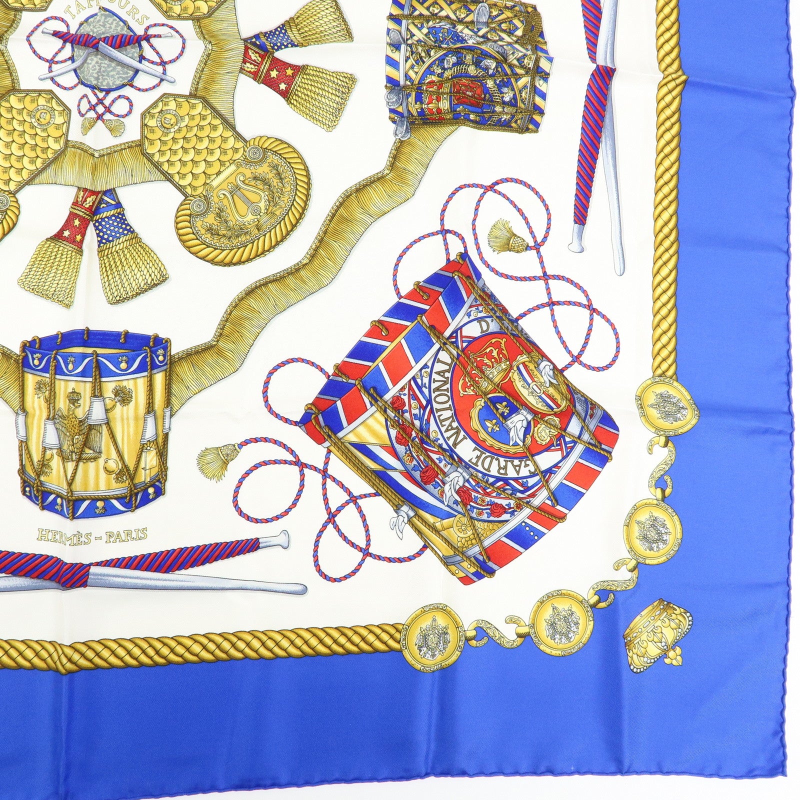 HERMES Carre 90 Silk 100% Scarf LES TAMBOURS Drum Print Navy Gold