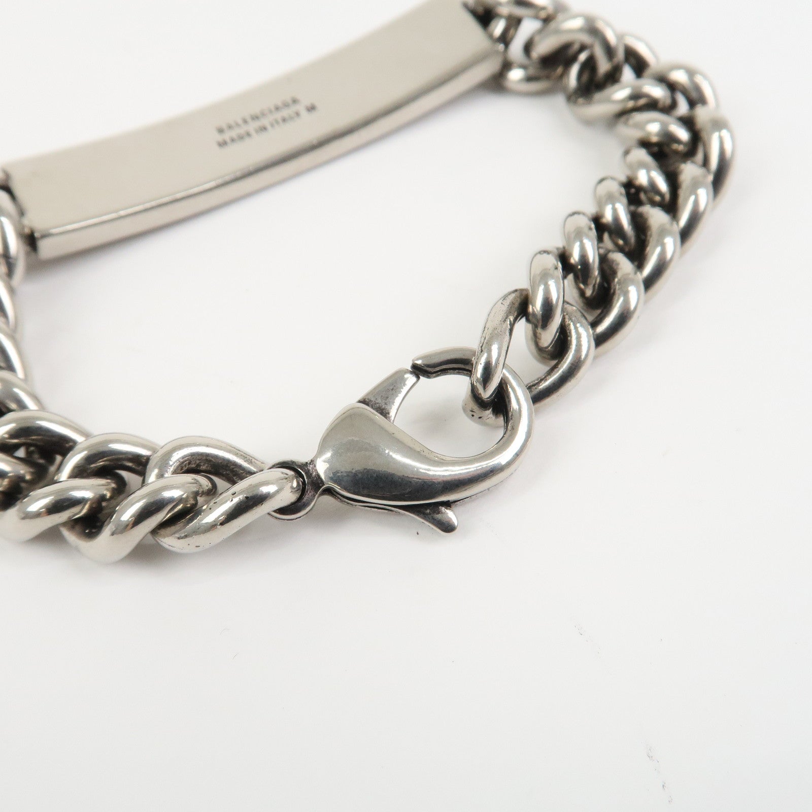 BALENCIAGA Logo Plate Metal Chain Bracelet Silver