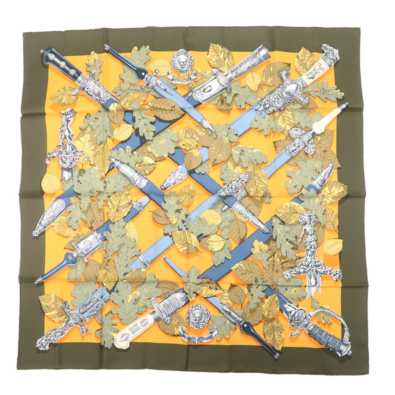 HERMES Carre90 Silk 100% Scarf AU PLUS DRU Khaki Orange Used