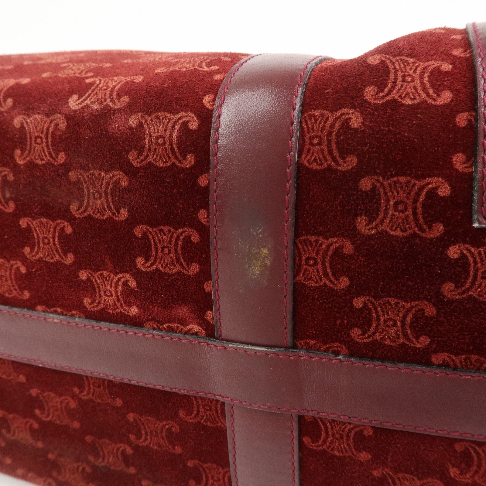 CELINE Macadam Logo Suede Leather Boston Bag Hand Bag Red Brown