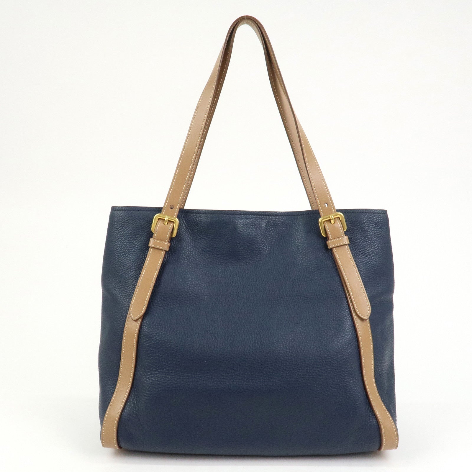 PRADA Logo Leather Tote Bag Shoulder Bag Navy Light Brown 1BG064