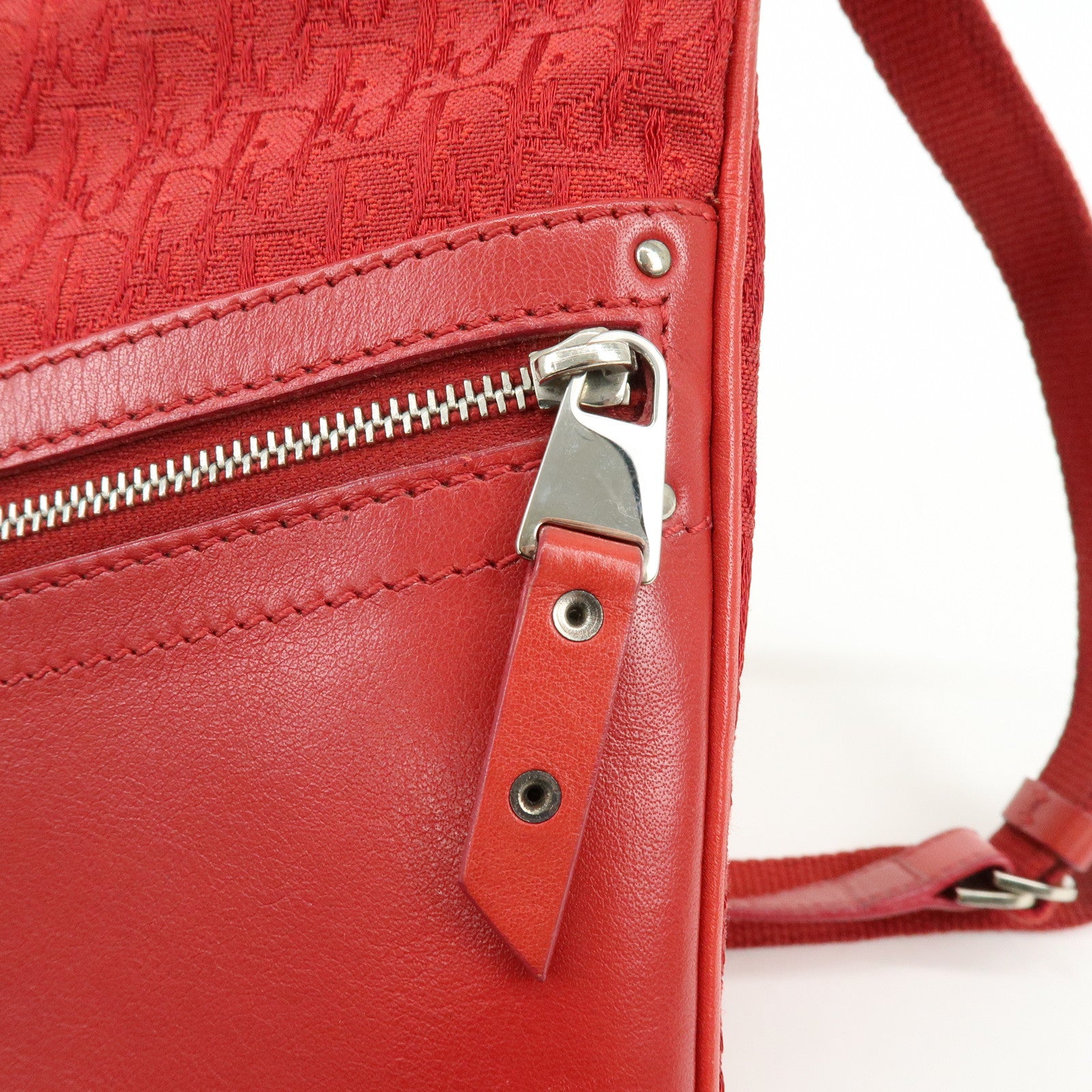Christian Dior Trotter Jacguard Canvas Leather Shoulder Bag Red