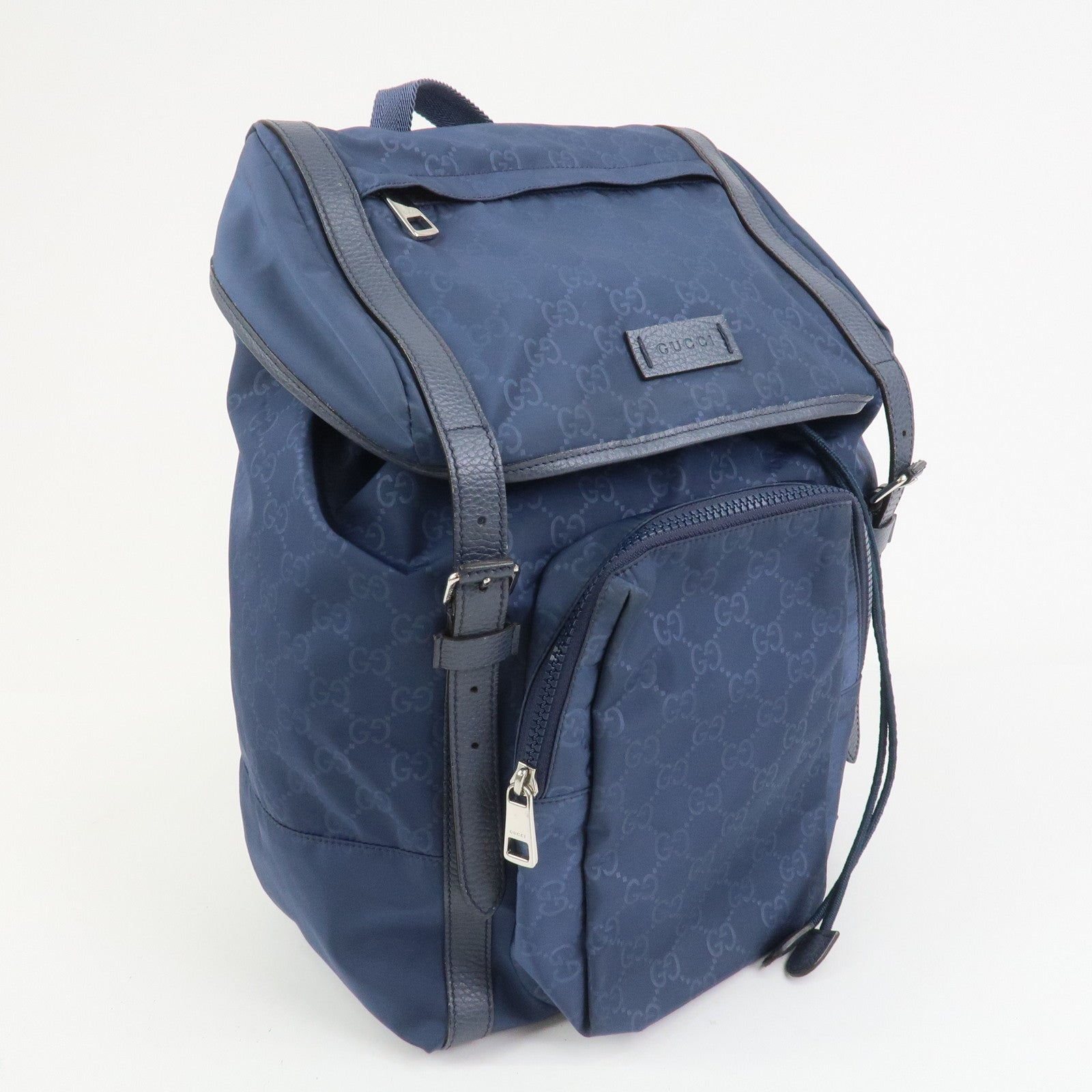 GUCCI GG Nylon Leather Backpack Rucksack Navy 387071