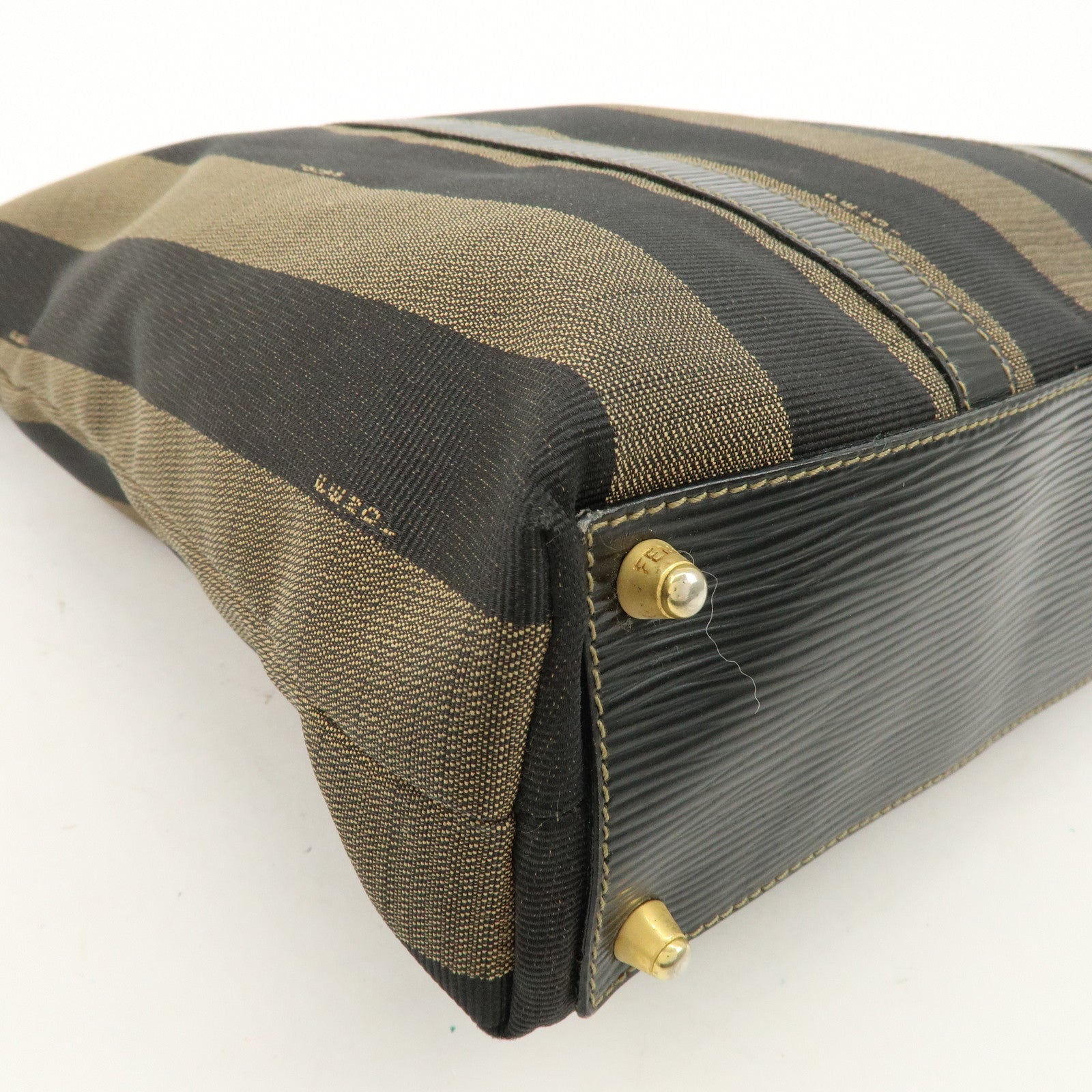 FENDI Pequin Canvas Leather Hand Bag Tote Bag Brown Black