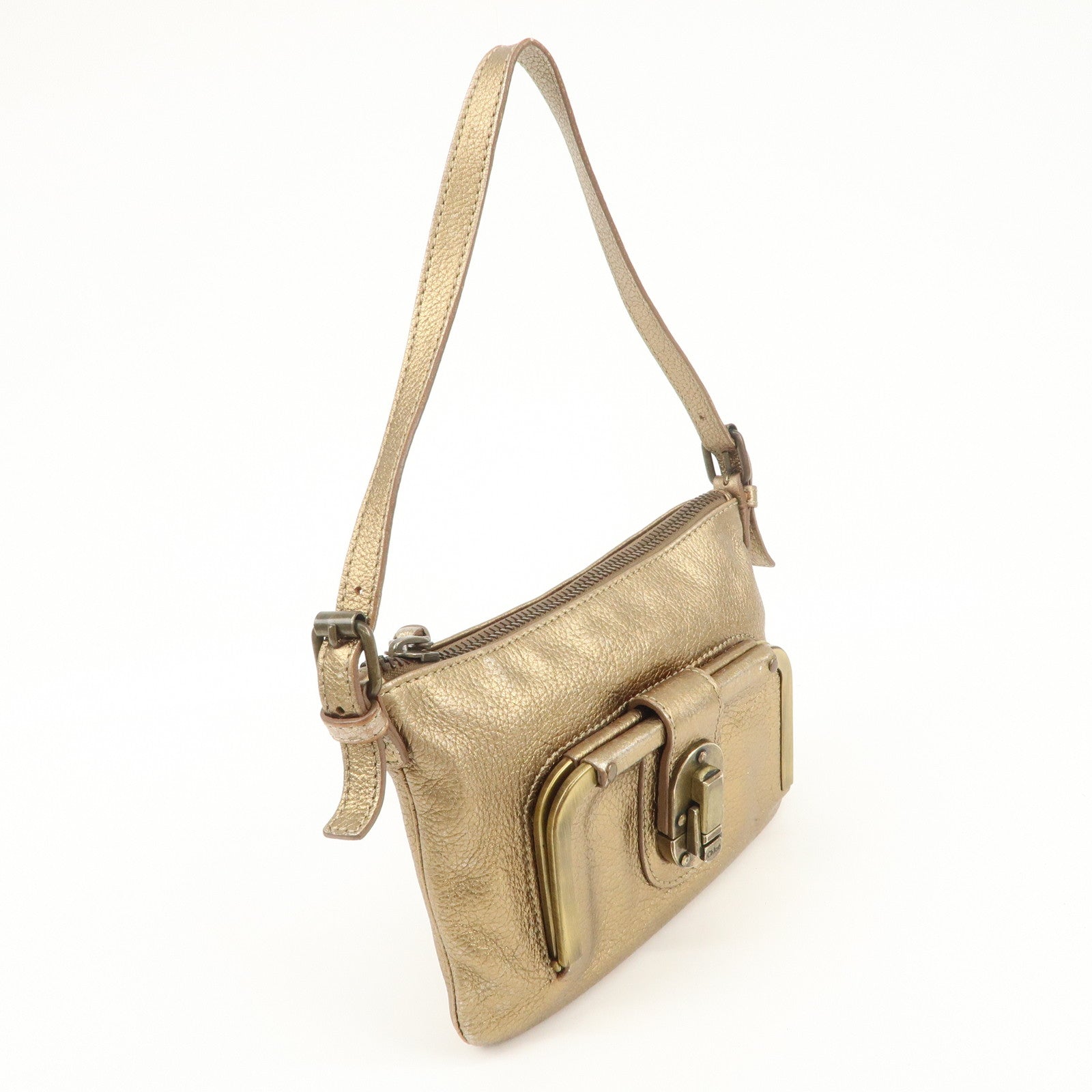 Chloe Logo Leather Shoulder Bag Hand Bag Gold Used