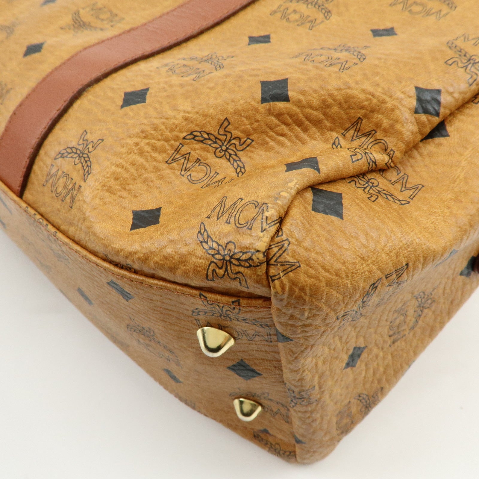 MCM Visetos PVC Leather Tote Bag Boston Bag Hand Bag Cognac Brown