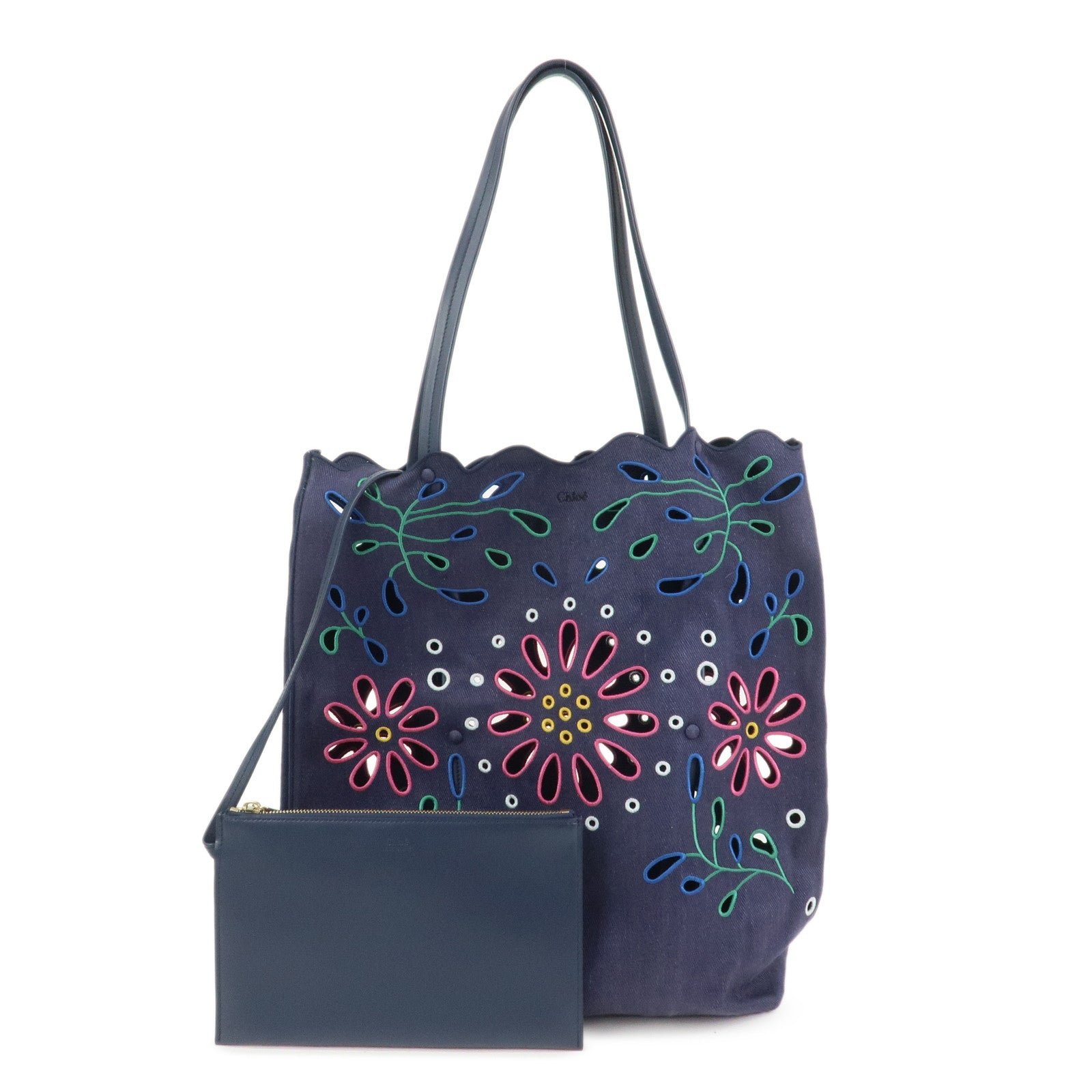 Chloe Kamilla Canvas Leather Tote Bag Shoulder Bag Navy Multicolor