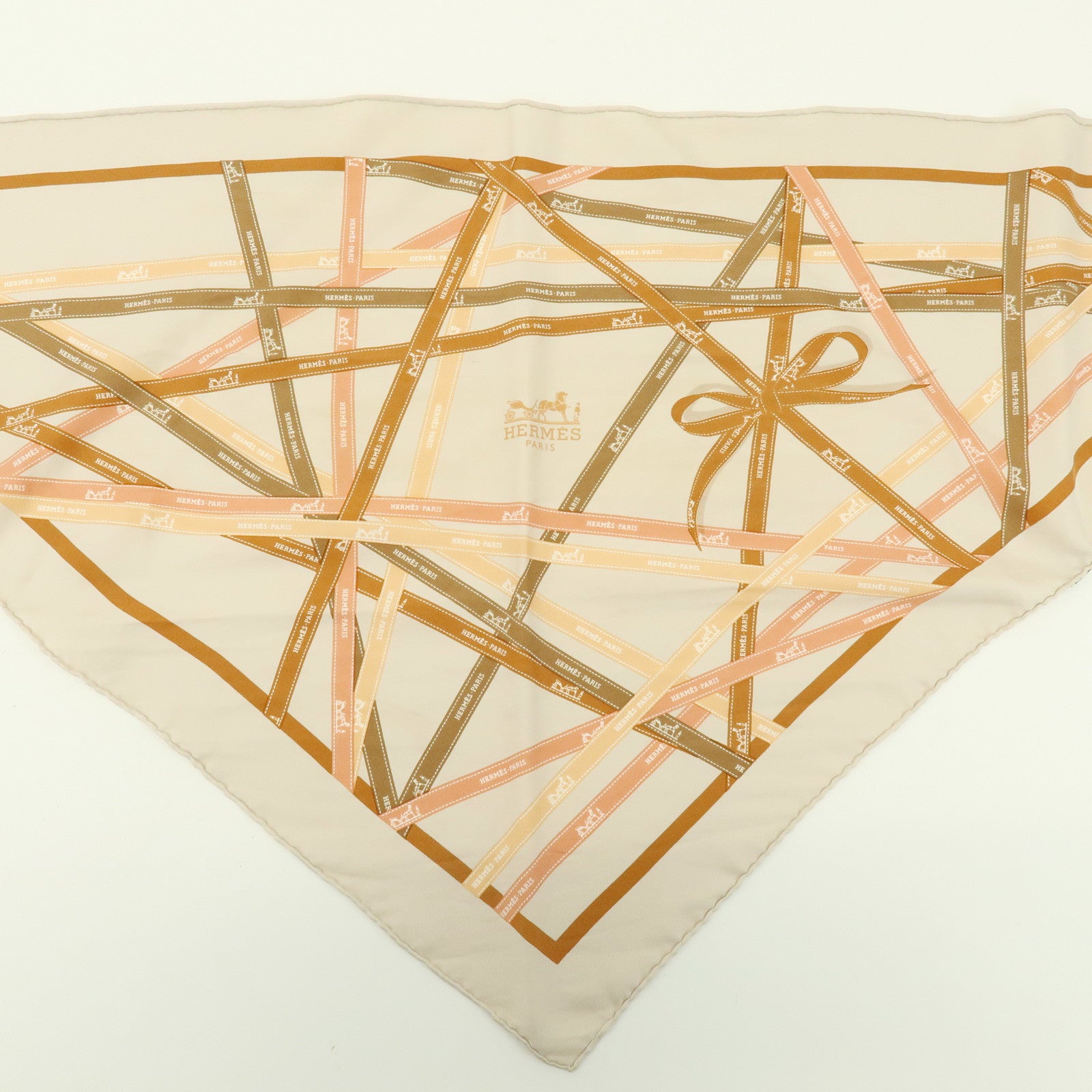 HERMES Pointu Set of 2 Silk 100% Scarf Ribbon Print Orange Beige