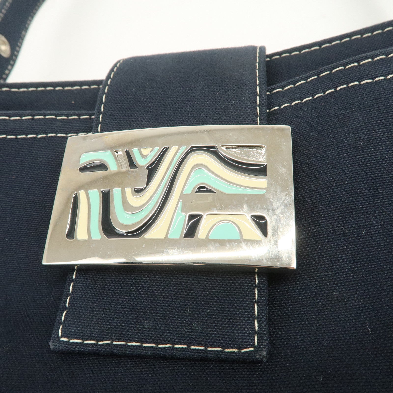 FENDI Logo Canvas Shoulder Bag Hand Bag Dark Navy