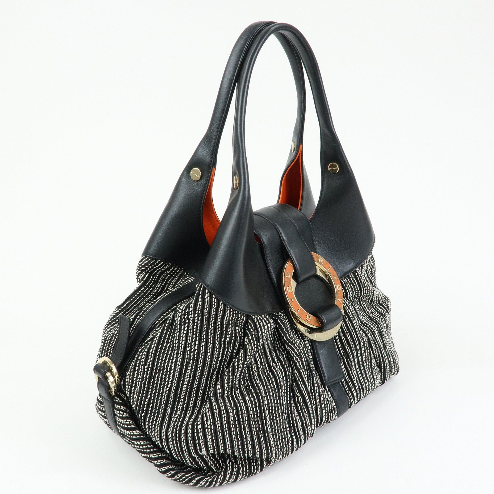 BVLGARI Chandra Leather Canvas Hand Bag Tote Bag Black Orange