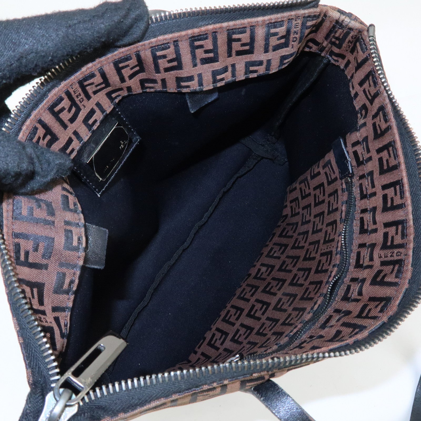 FENDI Zucchino Canvas Leather Tote Bag Hand Bag Brown Black 8BH024