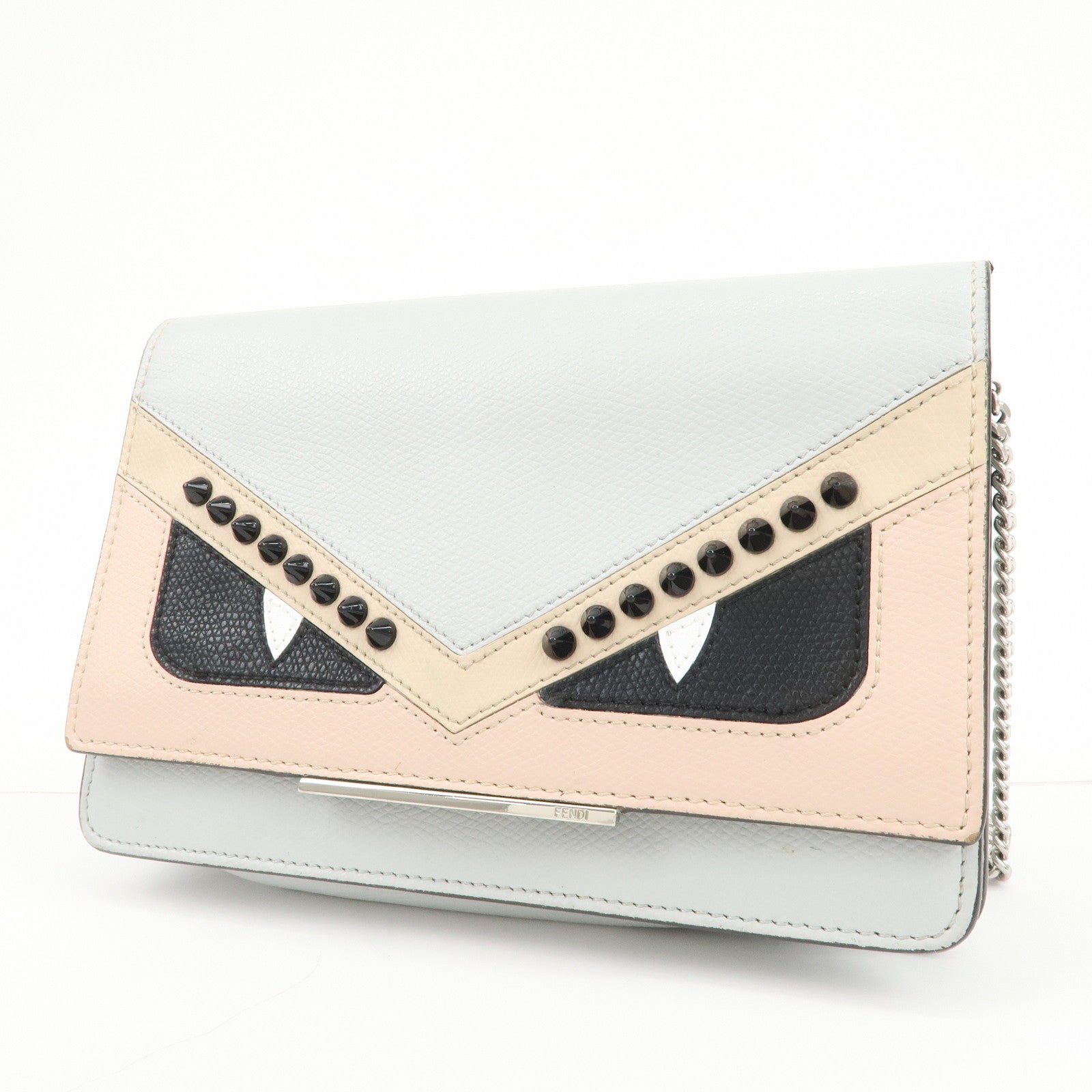 FENDI Logo Leather Monster Shoulder Bag Crossbody Bag Gray 8M0346
