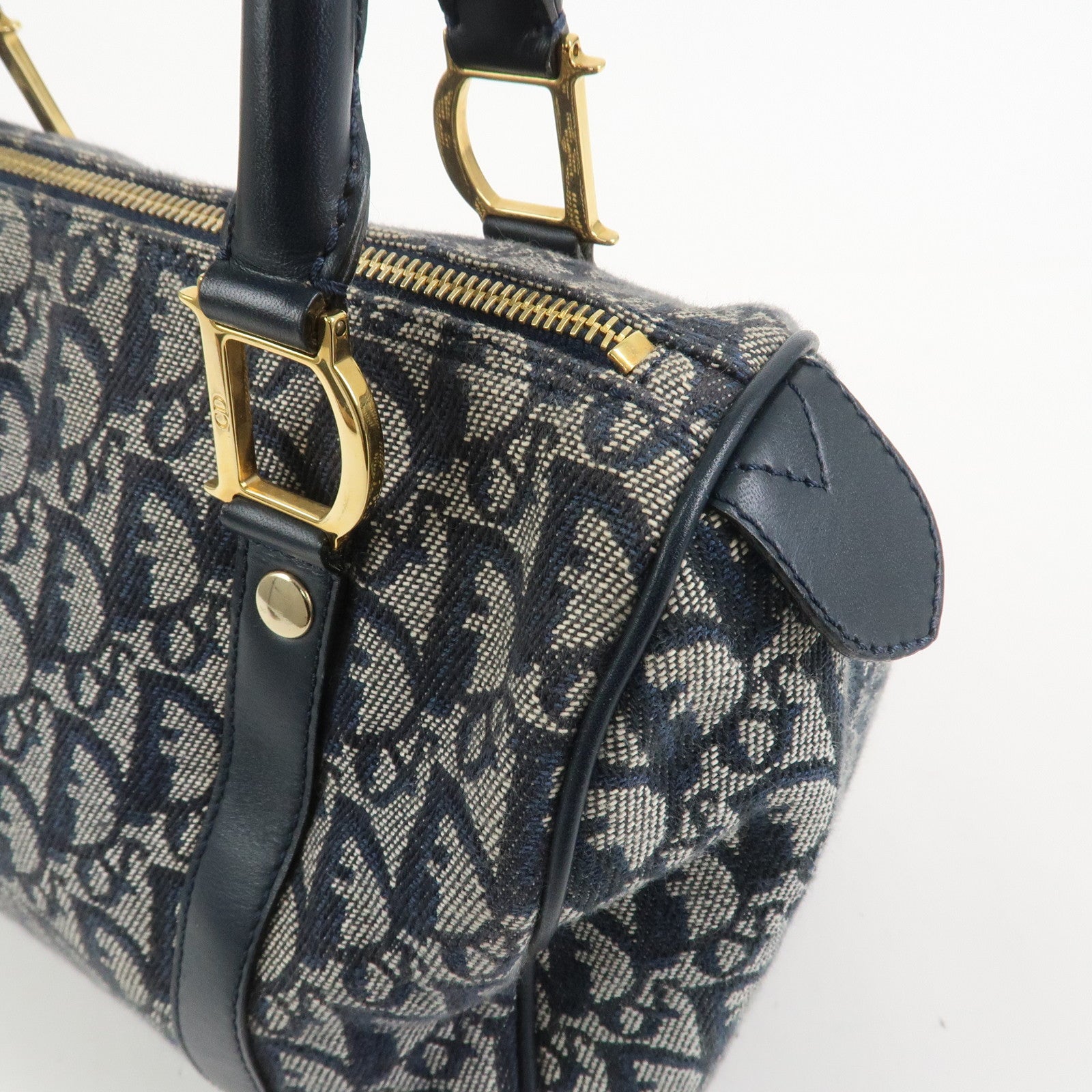 Christian Dior Trotter Jacquard Canvas Leather Boston Bag Navy