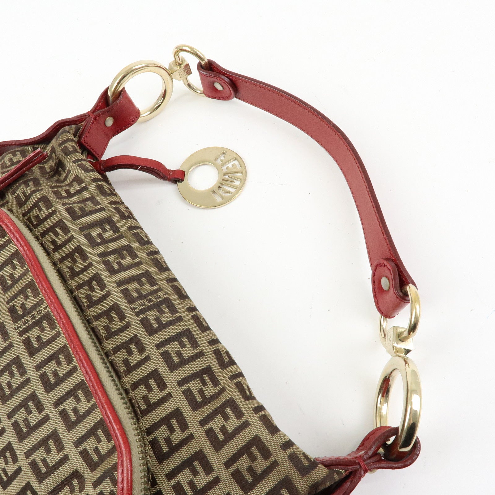 FENDI Zucca Canvas Leather Hand Bag Shoulder Bag Beige Red 8BR464